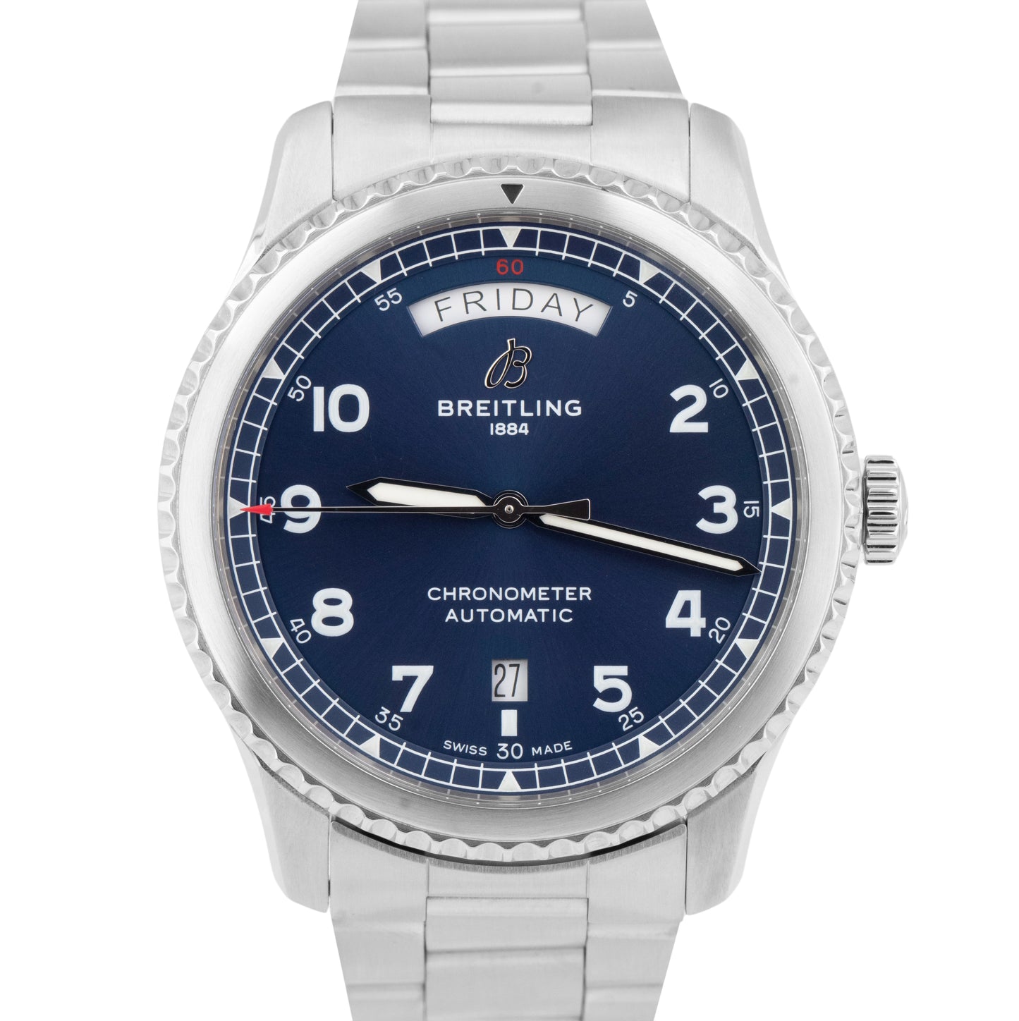 MINT Breitling Aviator 8 Day-Date PAPERS Stainless Blue 41mm Watch A45330 B+P