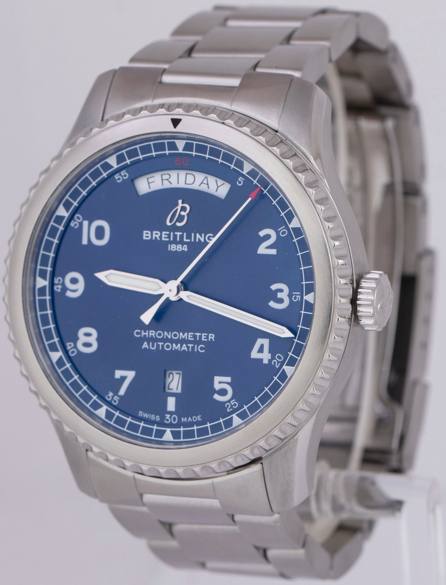 MINT Breitling Aviator 8 Day-Date PAPERS Stainless Blue 41mm Watch A45330 B+P