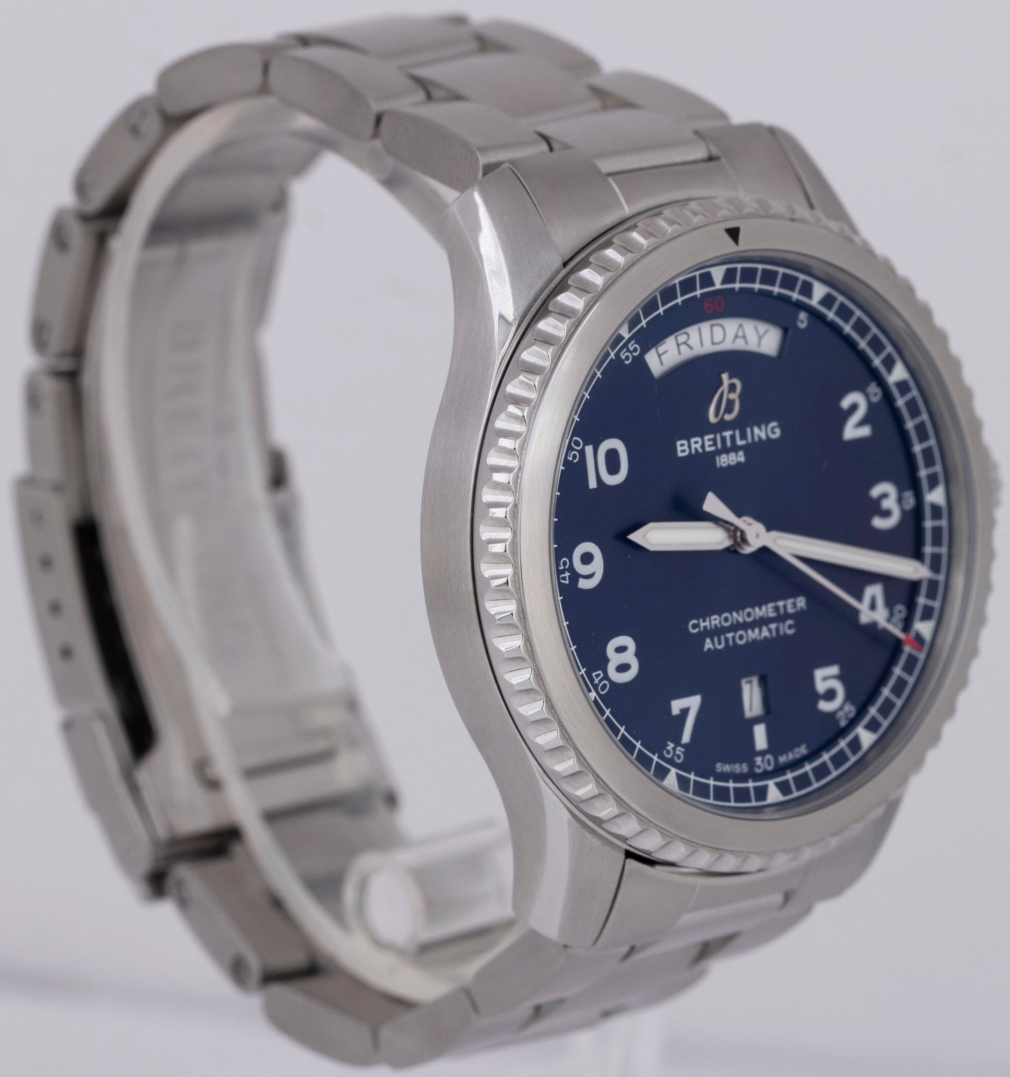 MINT Breitling Aviator 8 Day-Date PAPERS Stainless Blue 41mm Watch A45330 B+P