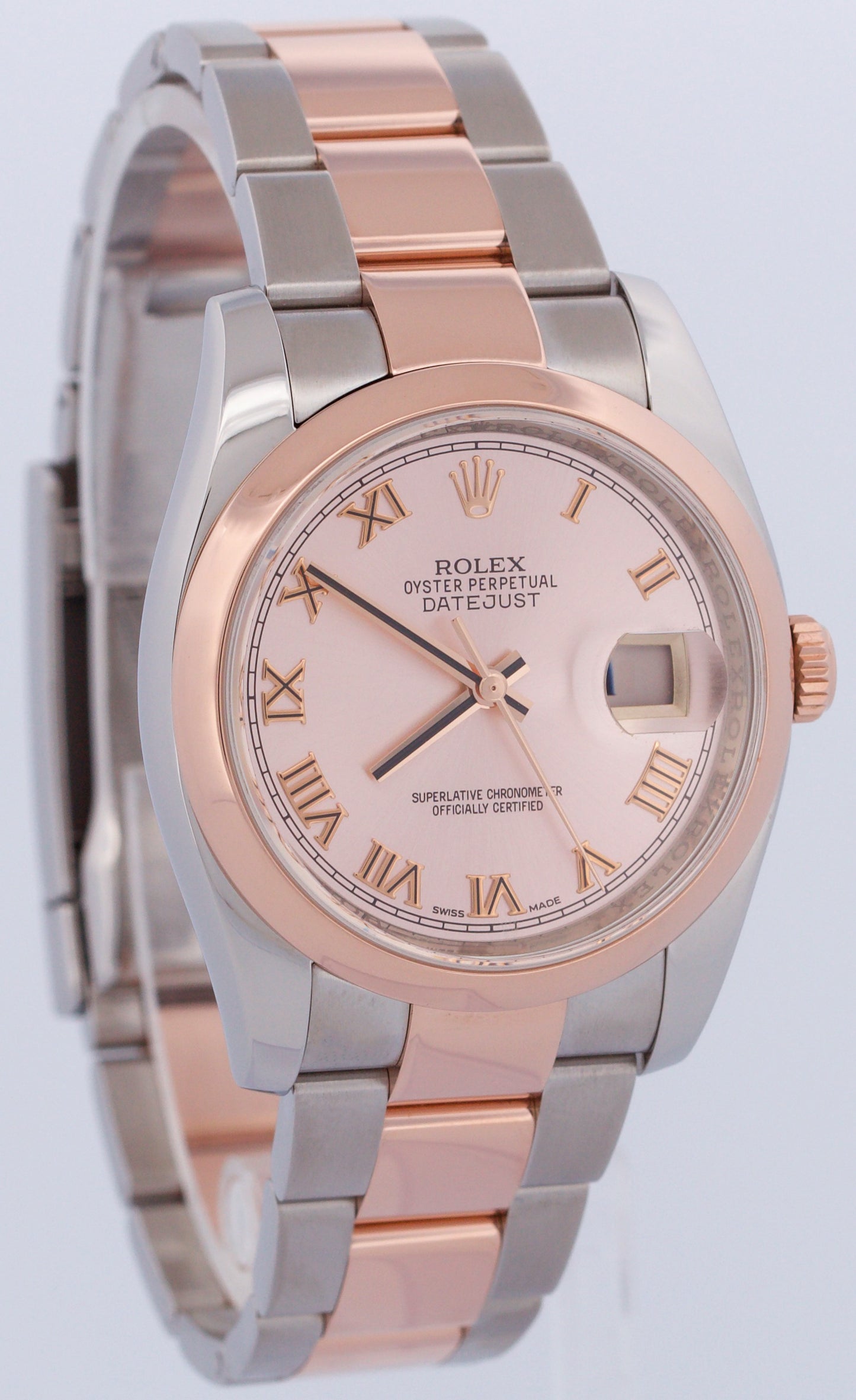 PAPERS Rolex DateJust 36mm PINK ROMAN 18K Rose Gold Steel OYSTER 116201 BOX