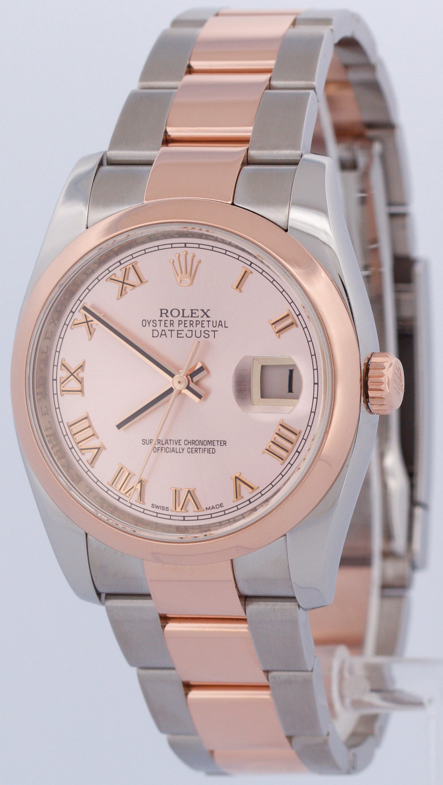 PAPERS Rolex DateJust 36mm PINK ROMAN 18K Rose Gold Steel OYSTER 116201 BOX