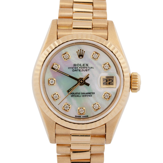 Ladies Rolex DateJust President 26mm Mother of Pearl 18K Yellow Gold 69178 Watch