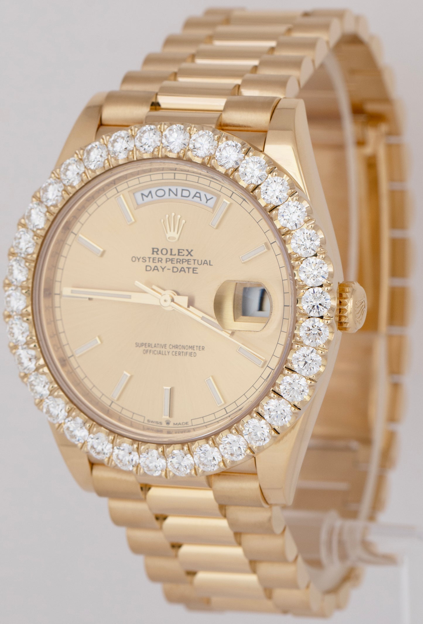 MINT Rolex Day-Date President PAPERS 40mm 6 CTW DIAMOND Bezel 228238 Watch B+P