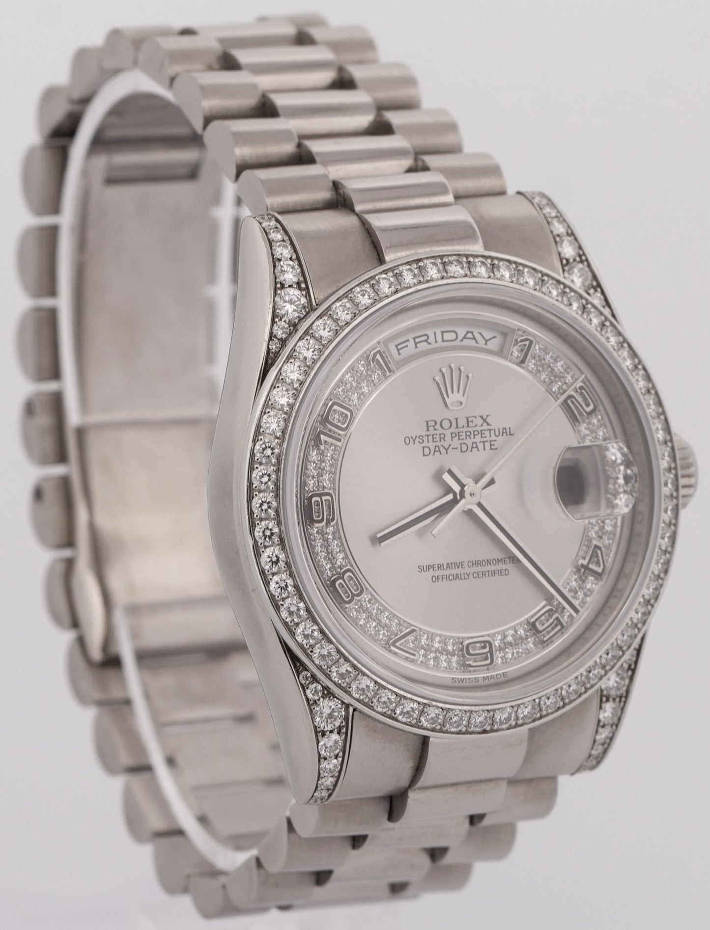 Rolex Day-Date President 36mm SILVER CONCENTRIC DIAMOND 18K Gold 118389 Watch