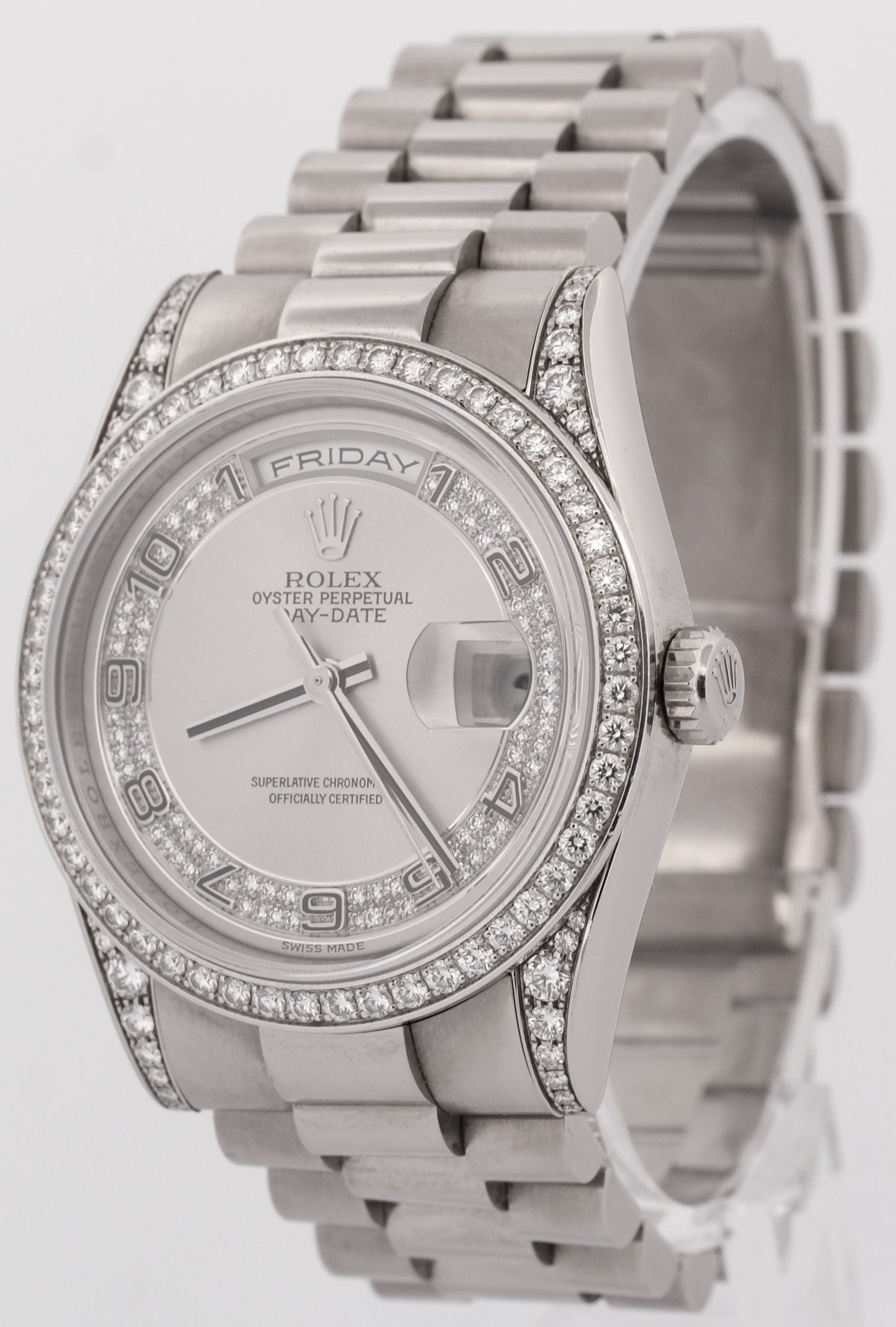 Rolex Day-Date President 36mm SILVER CONCENTRIC DIAMOND 18K Gold 118389 Watch