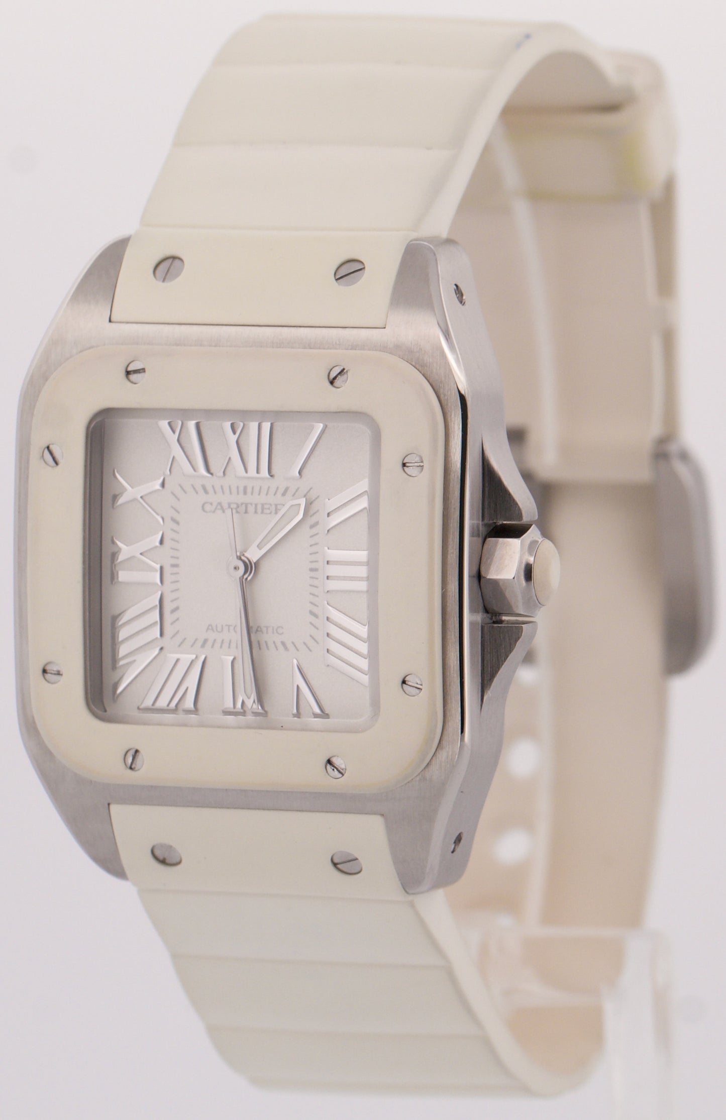 Cartier Santos 100 33mm IVORY Stainless Steel WHITE Rubber 2878 W20122U2 BOX