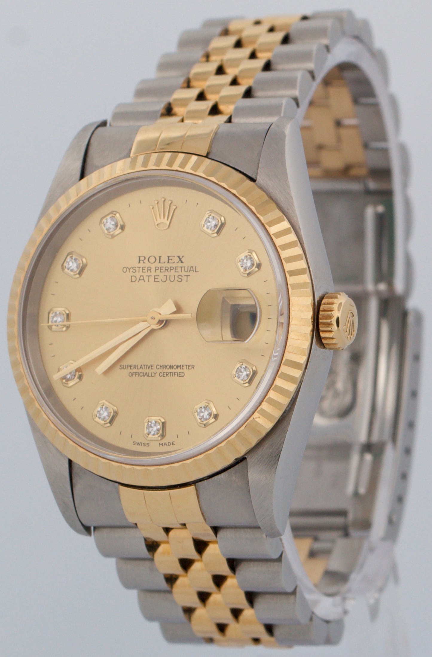 UNPOLISHED PAPERS Rolex DateJust 36mm CHAMPAGNE DIAMOND 18K JUBILEE 16233 BOX