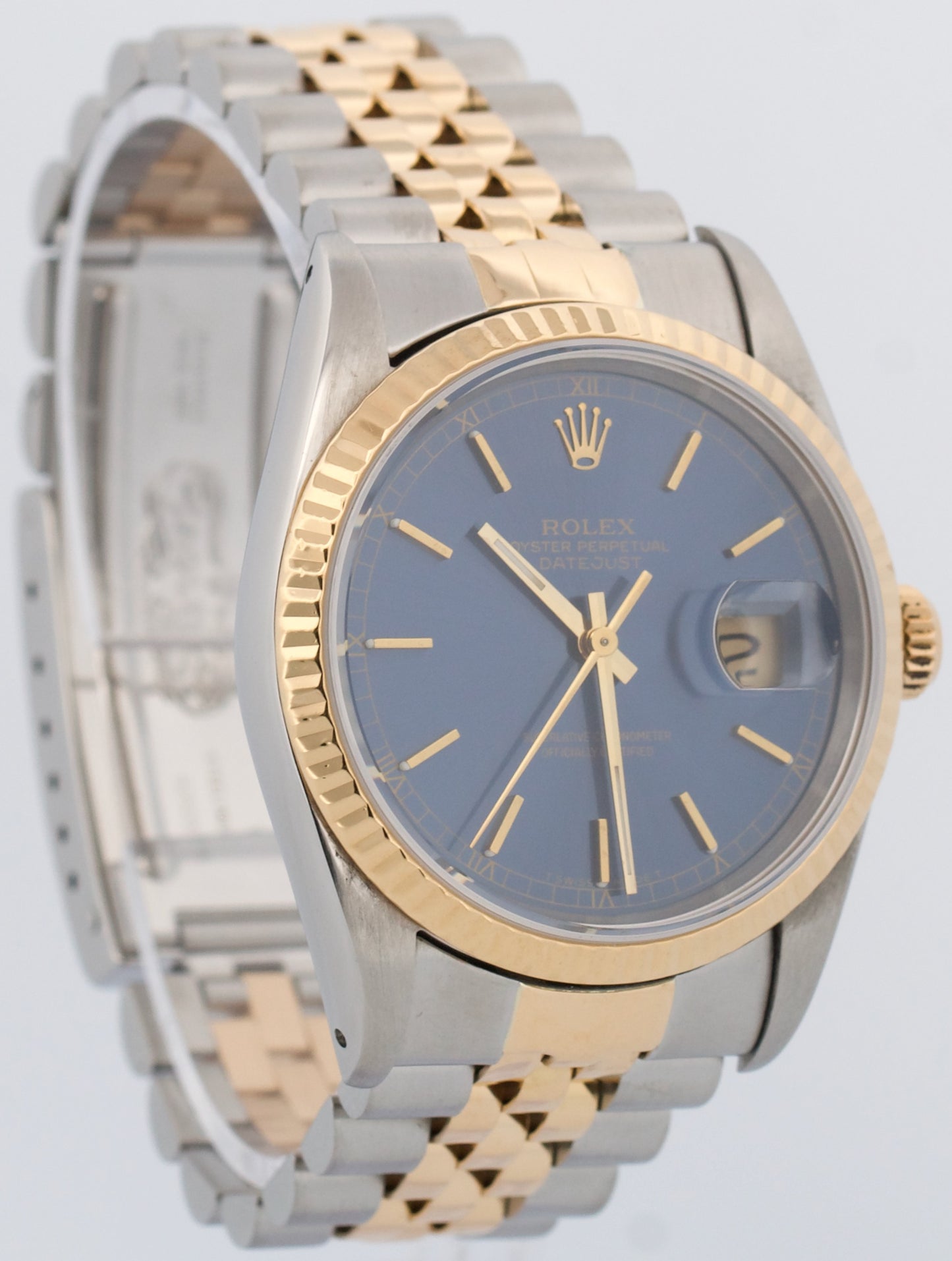 Rolex DateJust 36mm BLUE 18K Yellow Gold Stainless Steel JUBILEE Watch 16233