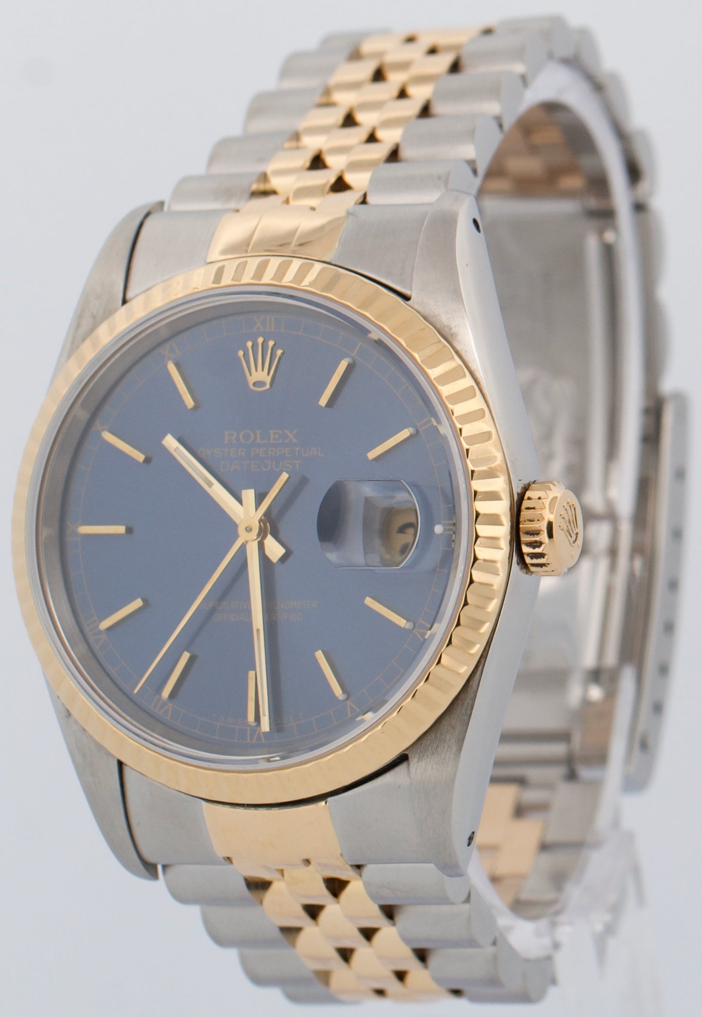 Rolex DateJust 36mm BLUE 18K Yellow Gold Stainless Steel JUBILEE Watch 16233