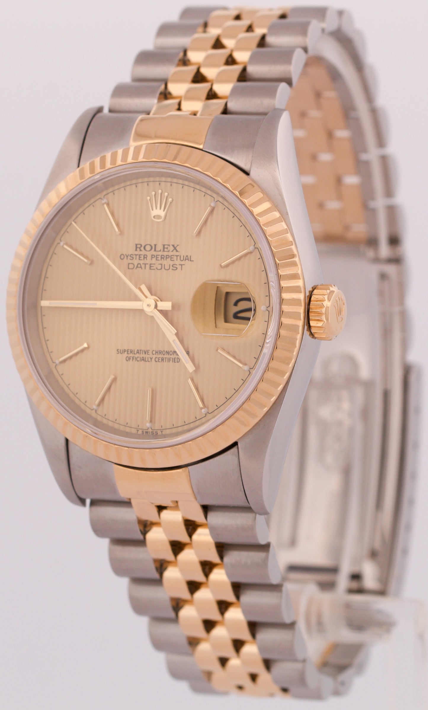MINT Rolex DateJust 36mm CHAMPAGNE TAPESTRY 18K Yellow Gold JUBILEE Steel 16233