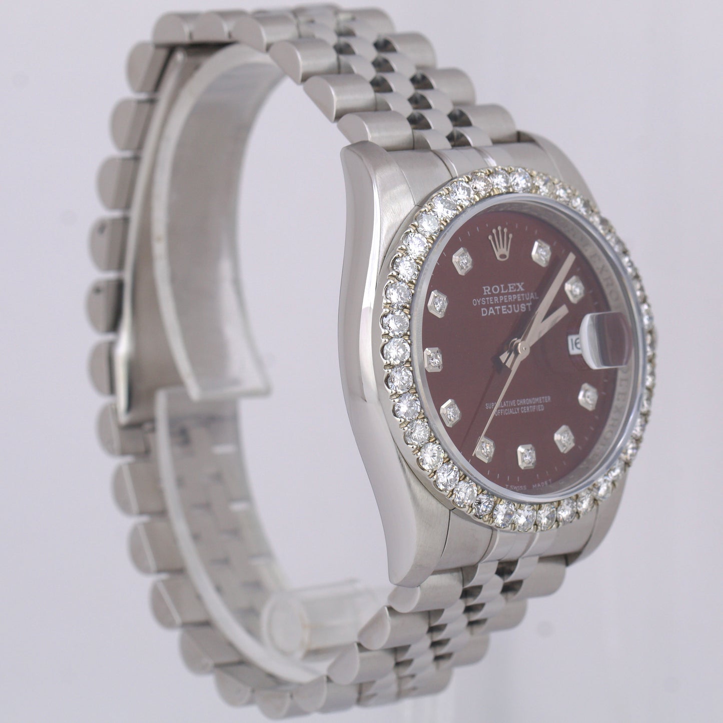 MINT Rolex DateJust 36mm BURGUNDY DIAMOND Stainless Steel Jubilee REHAUT 116234