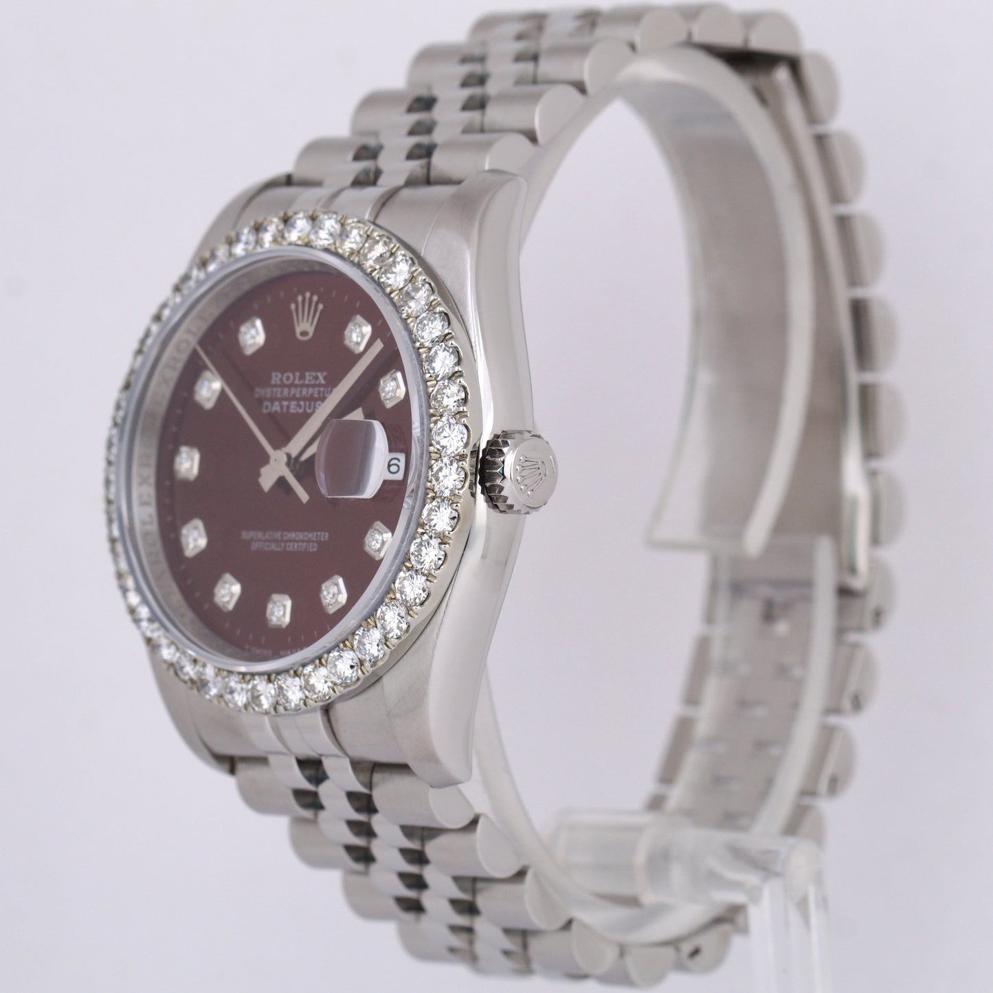 MINT Rolex DateJust 36mm BURGUNDY DIAMOND Stainless Steel Jubilee REHAUT 116234