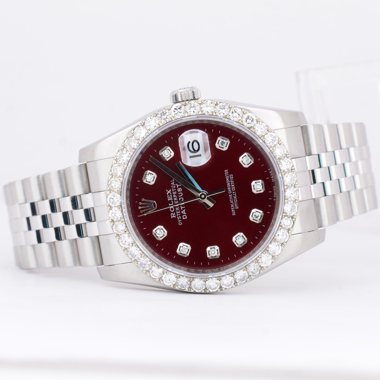 MINT Rolex DateJust 36mm BURGUNDY DIAMOND Stainless Steel Jubilee REHAUT 116234