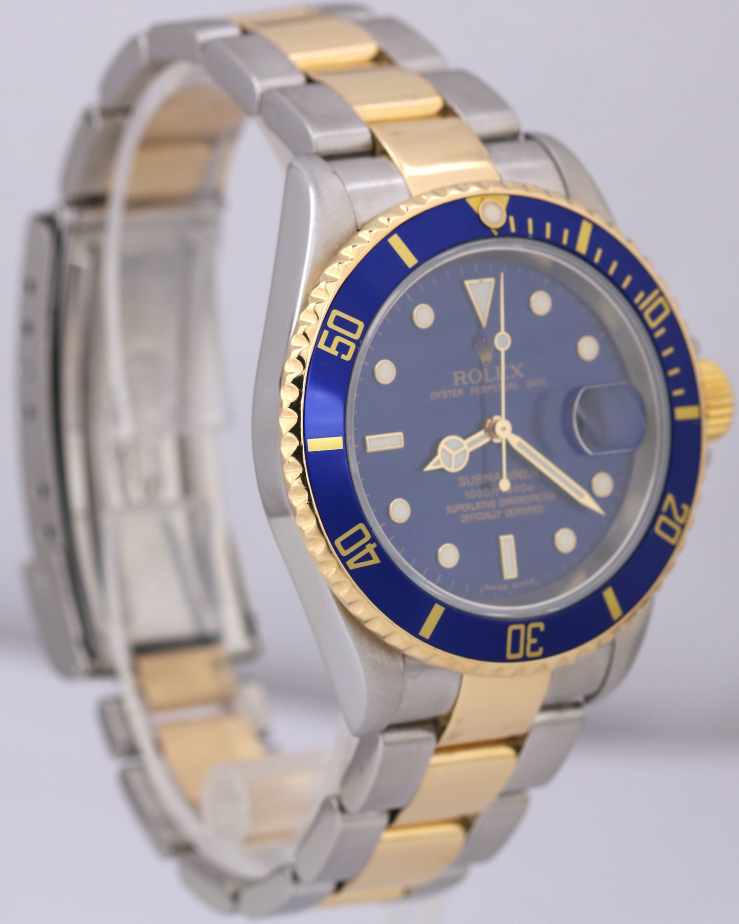 Rolex Submariner Date 40mm Blue Two-Tone 18K Gold Steel NO-HOLES Watch 16613