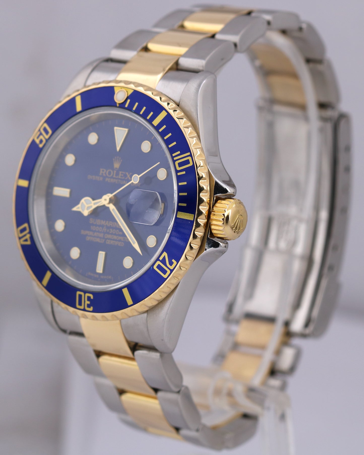 Rolex Submariner Date 40mm Blue Two-Tone 18K Gold Steel NO-HOLES Watch 16613