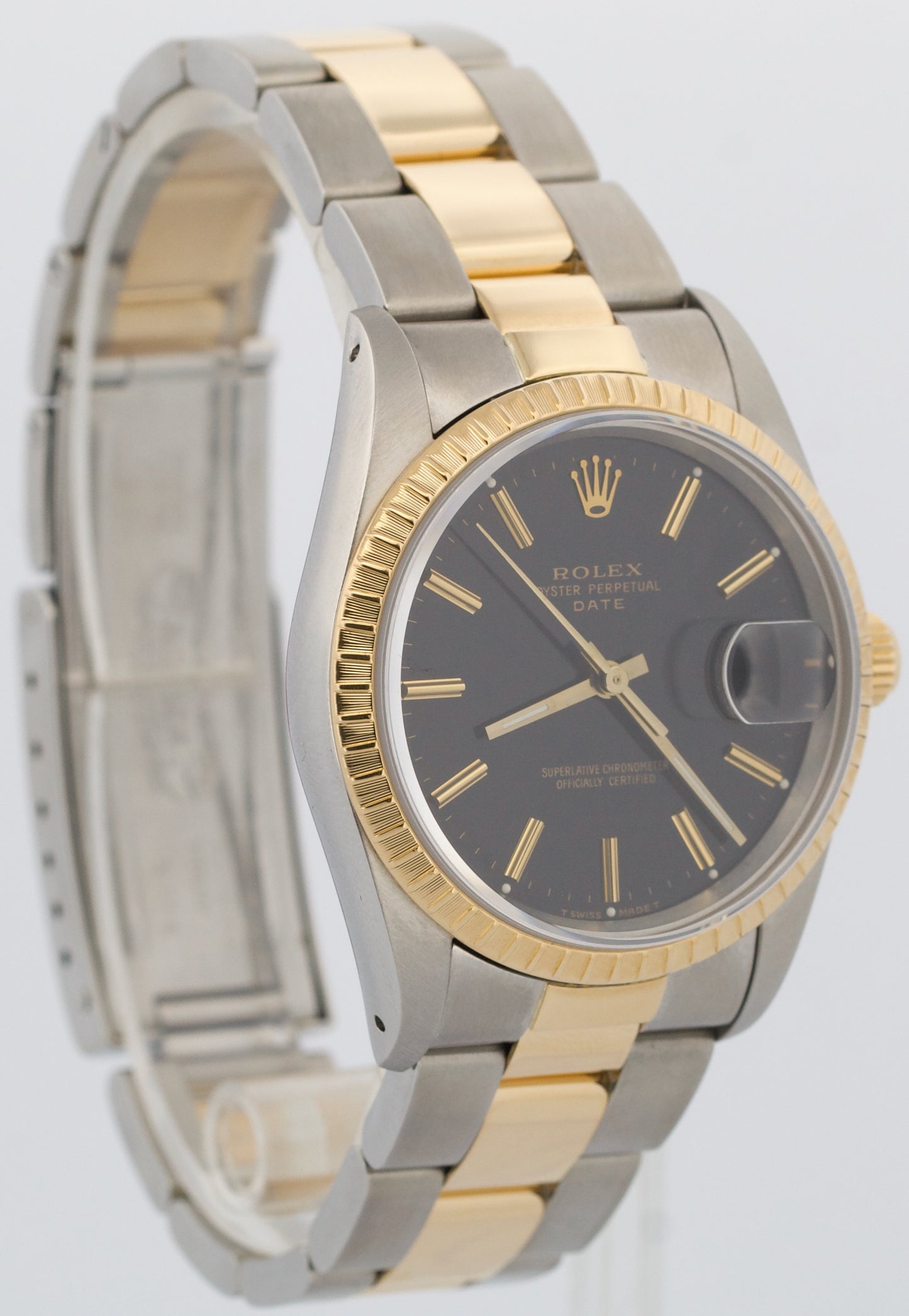 PAPERS Rolex Oyster Perpetual Date 34mm BLACK 18K Yellow Gold OYSTER 15233 BOX