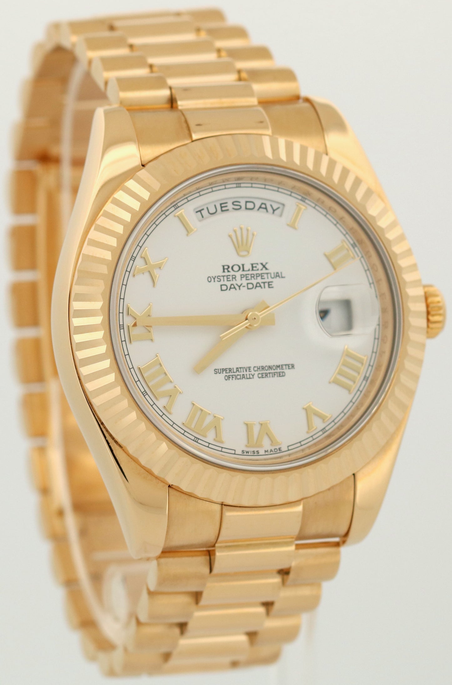 Rolex Day-Date II President 41mm WHITE ROMAN 18K Yellow Gold 218238 Watch BOX