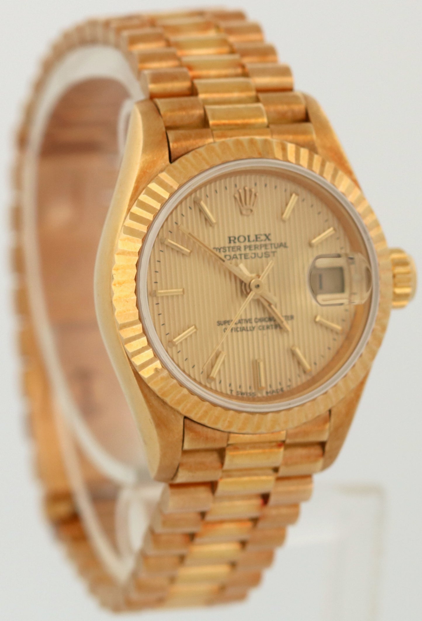 UNPOLISHED Ladies Rolex DateJust President 26mm CHAMPAGNE TAPESTRY 18K 69178