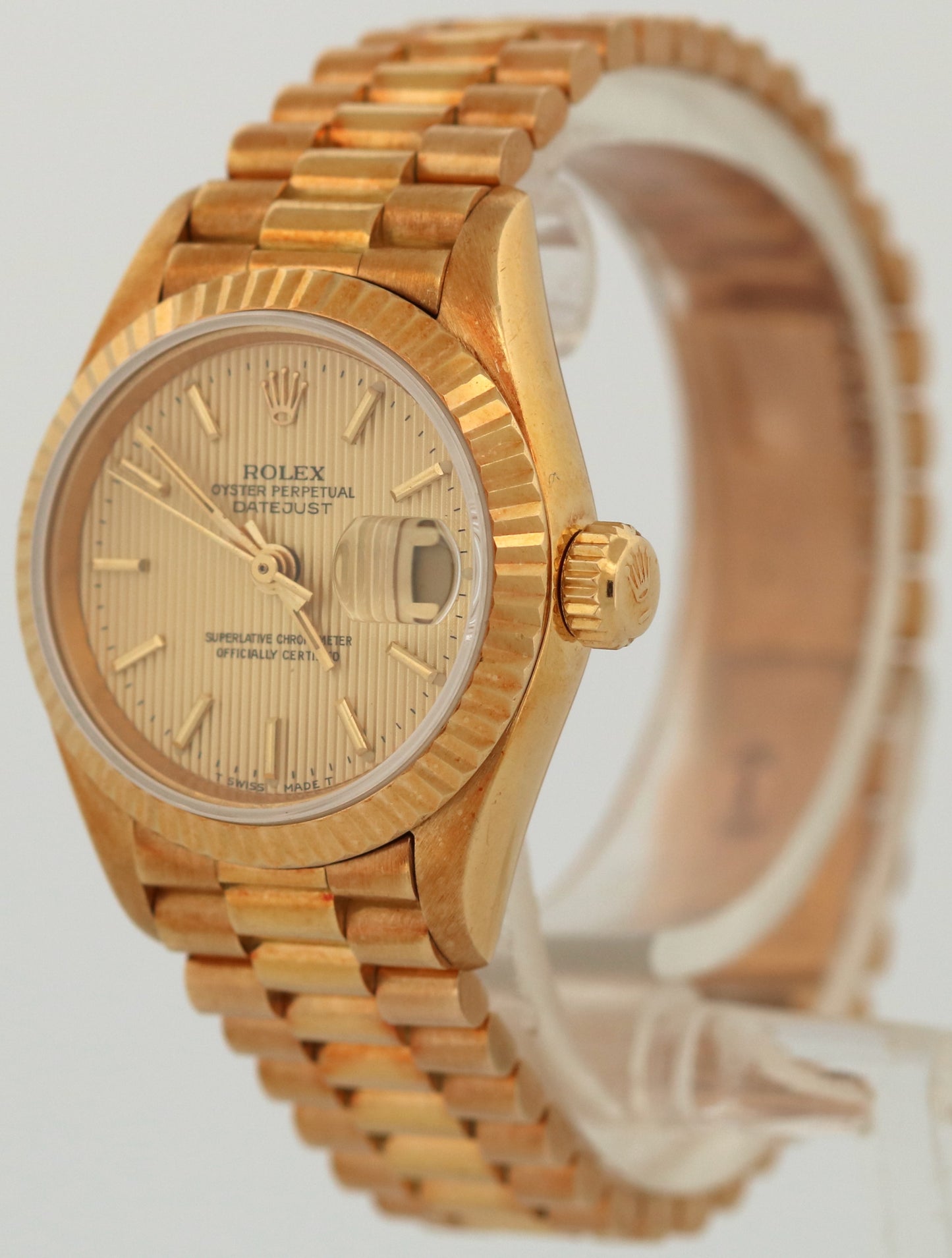 UNPOLISHED Ladies Rolex DateJust President 26mm CHAMPAGNE TAPESTRY 18K 69178