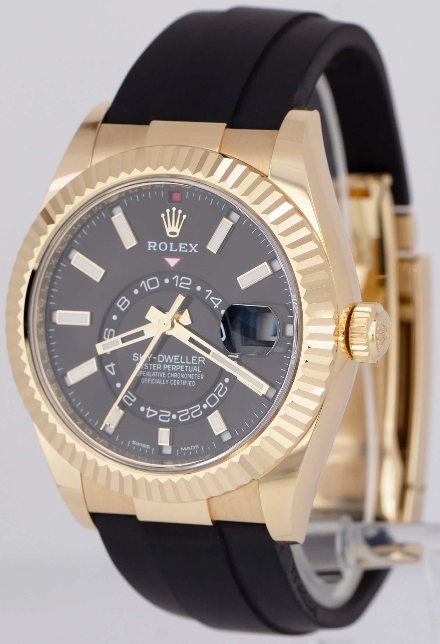 MINT PAPERS Rolex Sky-Dweller 18K Yellow Gold Black Oysterflex 42mm 326238 BOX