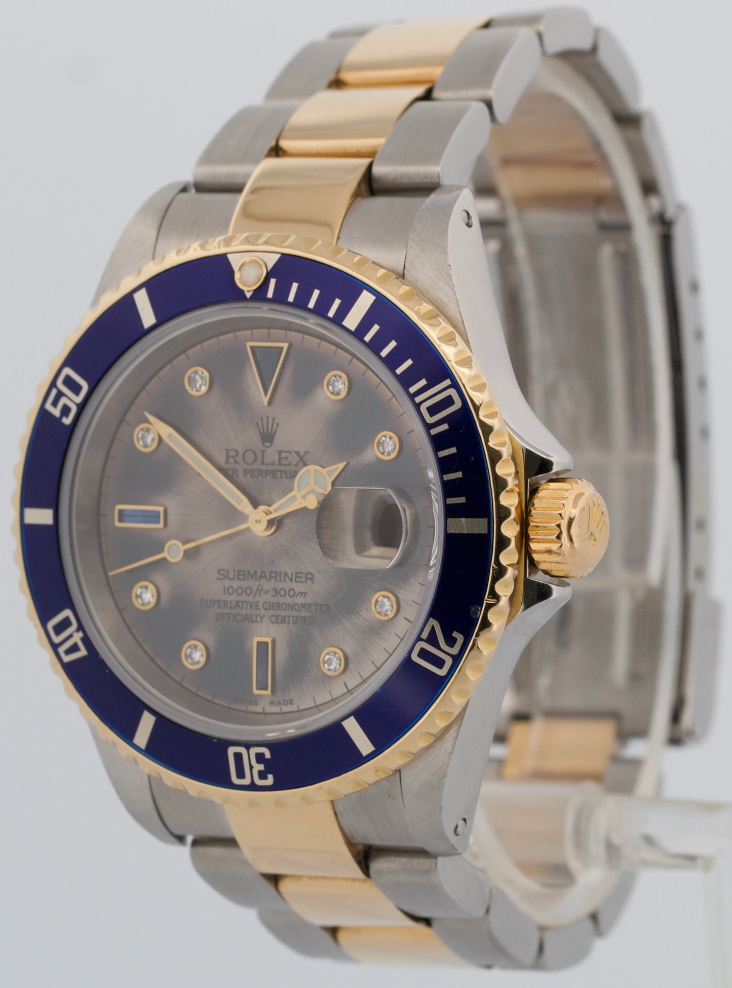 Rolex Submariner Date 40mm Patina FACTORY RHODIUM SERTI Diamond 18K Steel 16613