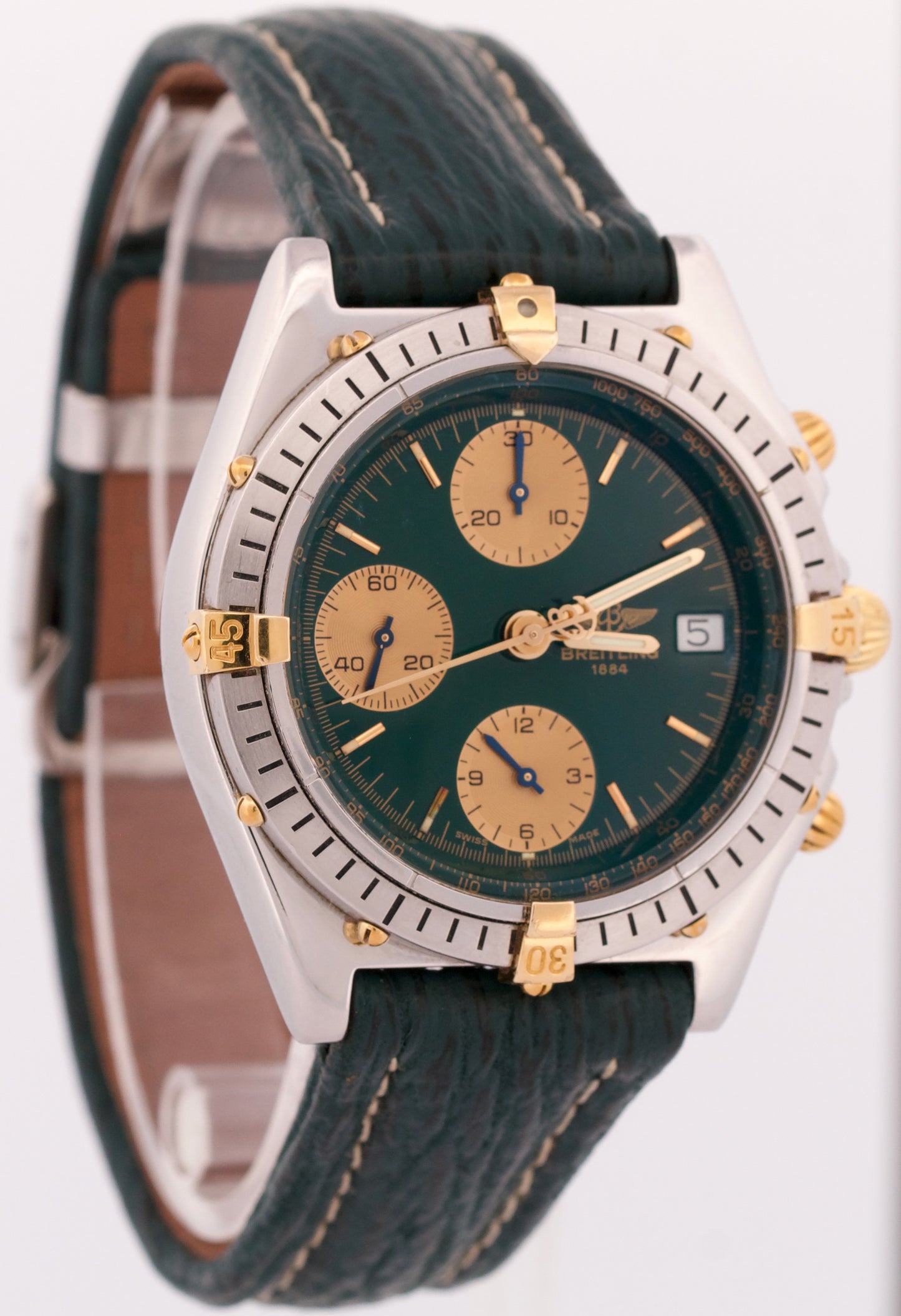 Breitling Chronomat Two-Tone 18k Gold Steel GREEN 39mm Leather Date B13047 Watch