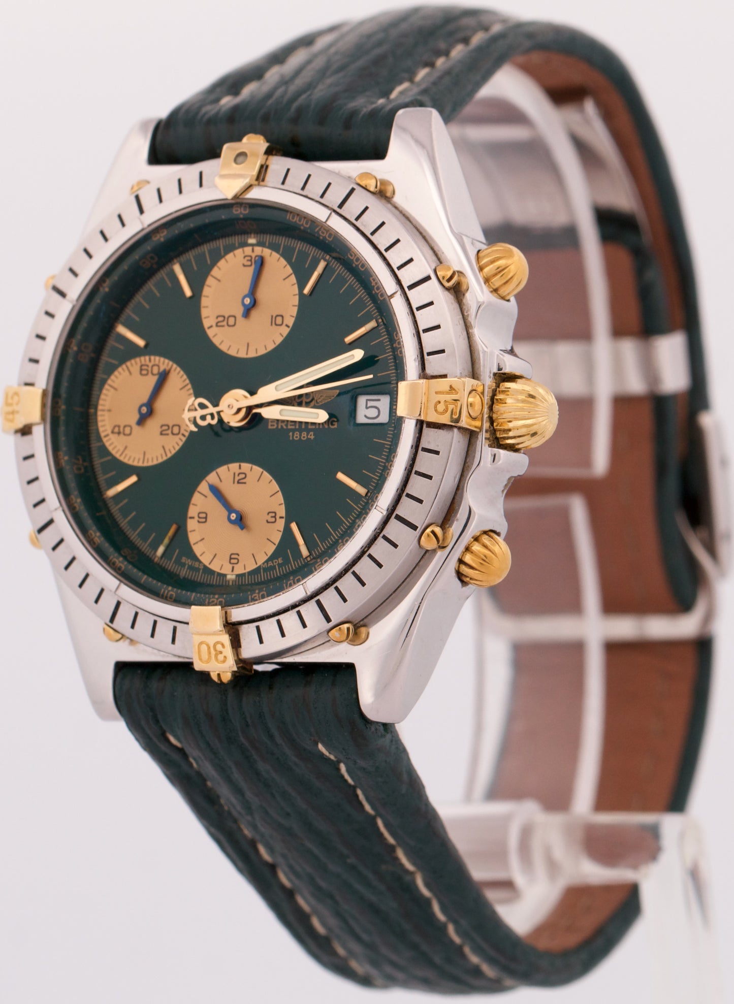 Breitling Chronomat Two-Tone 18k Gold Steel GREEN 39mm Leather Date B13047 Watch
