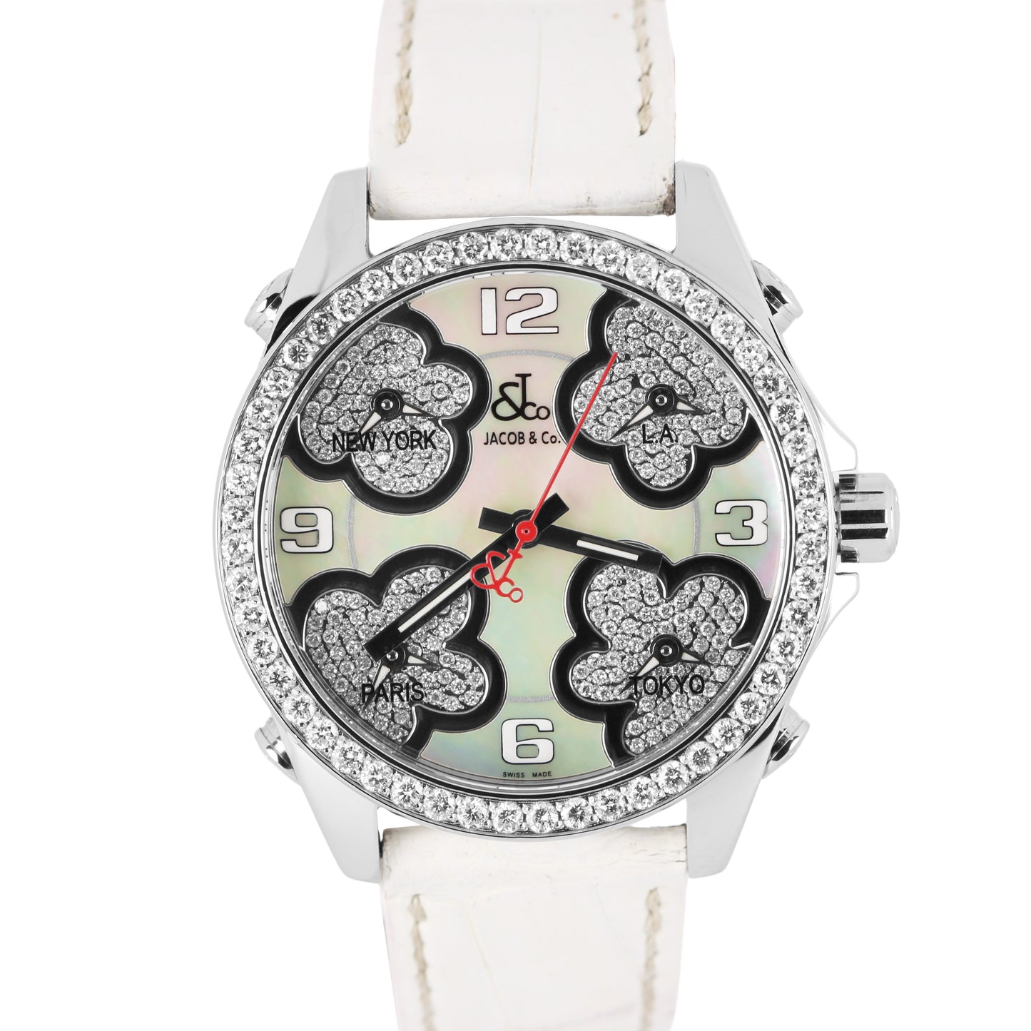 Jacob & Co Five Time Zone PAPERS Mother of Pearl DIAMOND 40mm JCMATH12 Watch BOX