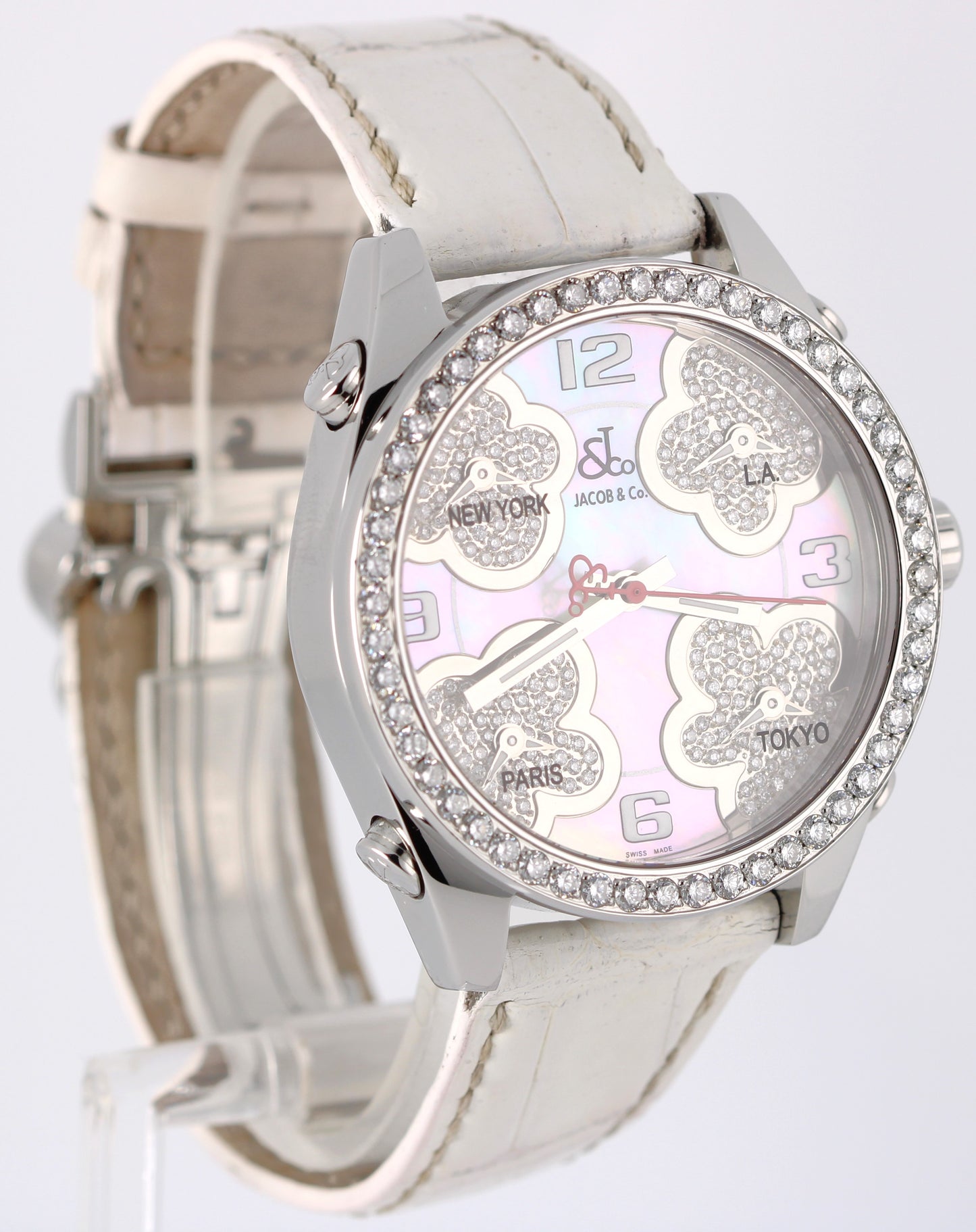 Jacob & Co Five Time Zone PAPERS Mother of Pearl DIAMOND 40mm JCMATH12 Watch BOX