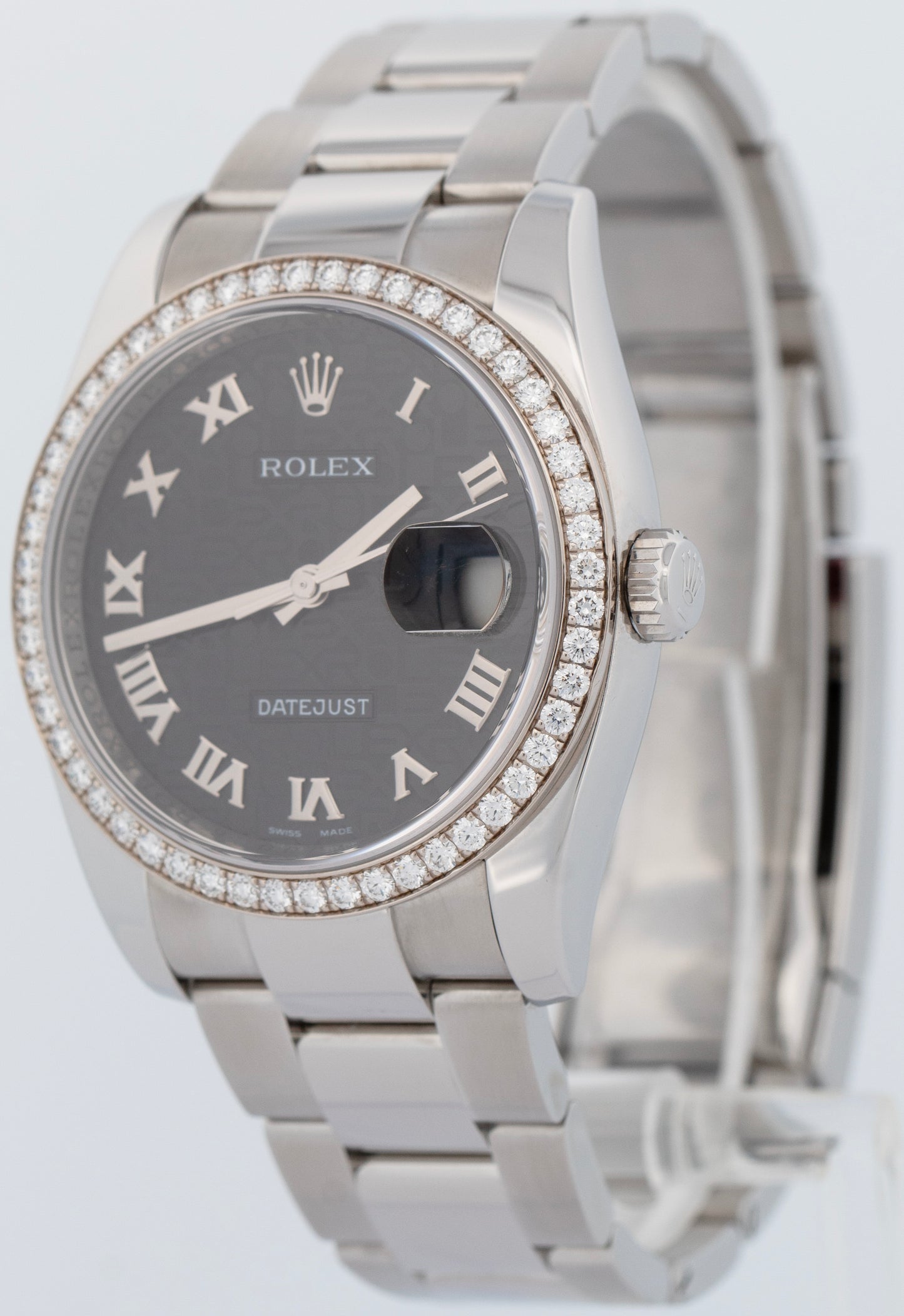 MINT Rolex DateJust Black Jubilee 36mm DIAMOND BEZEL Oyster Steel Watch 116244