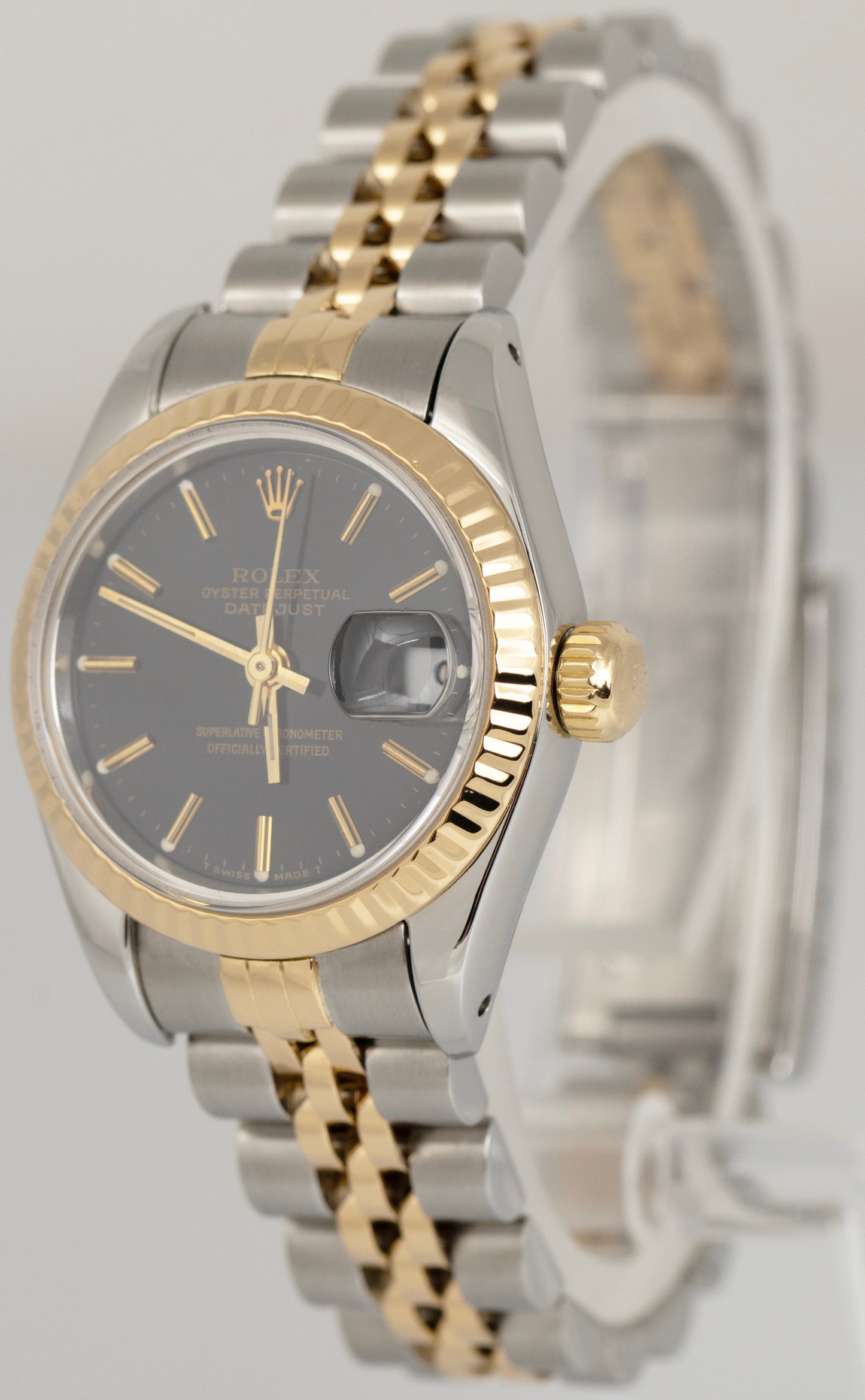 Ladies Rolex DateJust Black Two-Tone 18K Yellow Gold Steel 26mm Watch 69173 BOX