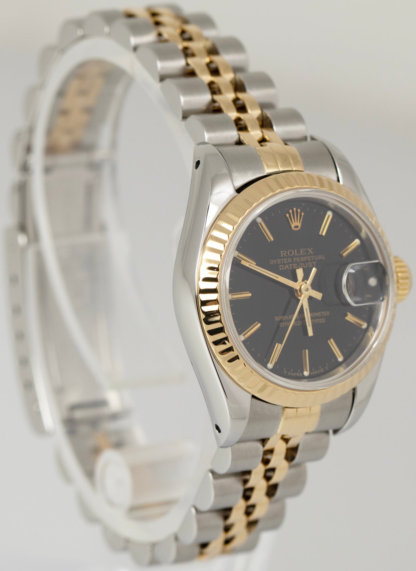 Ladies Rolex DateJust Black Two-Tone 18K Yellow Gold Steel 26mm Watch 69173 BOX