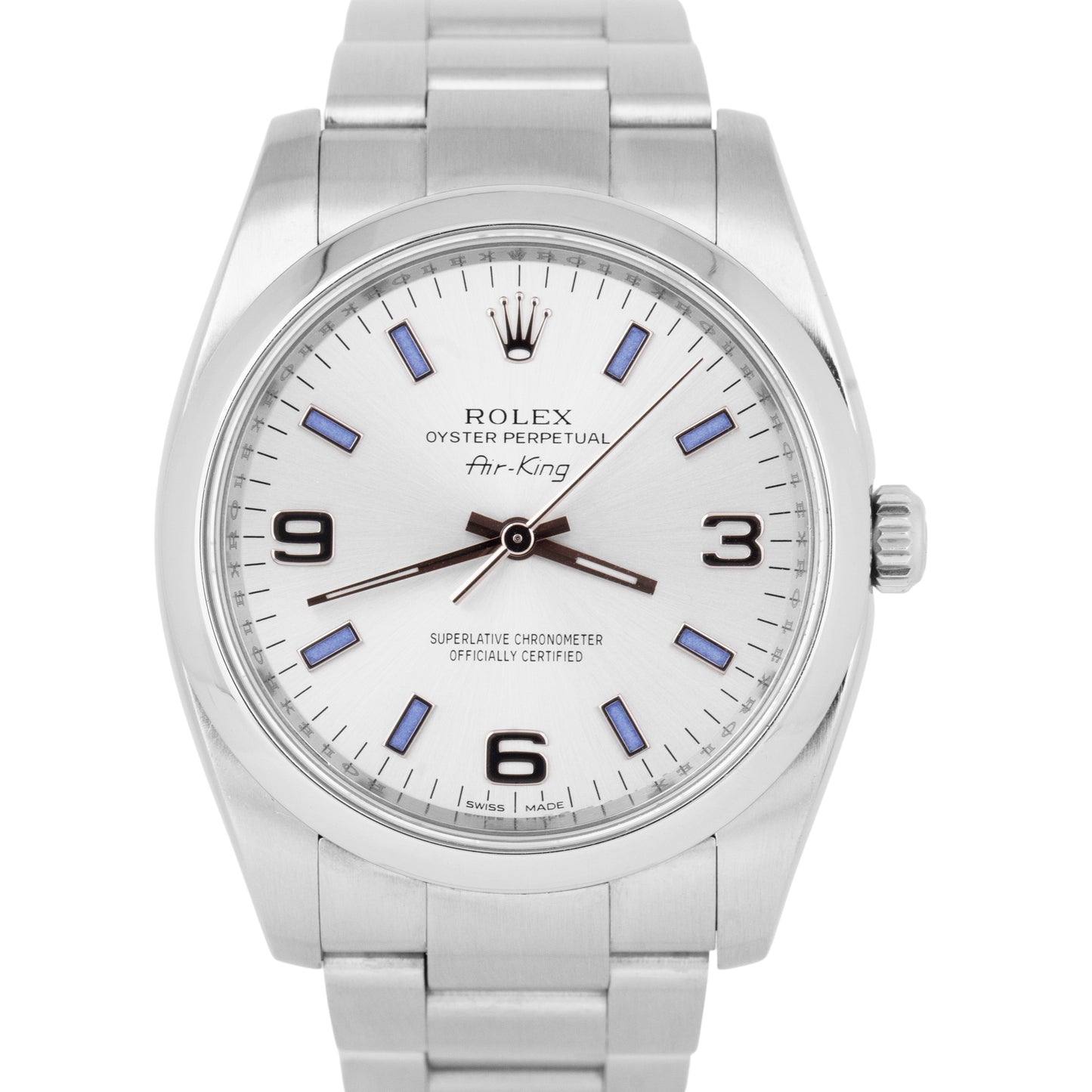 MINT Rolex Oyster Perpetual Air-King Silver Blue Stainless 34mm Watch 114200