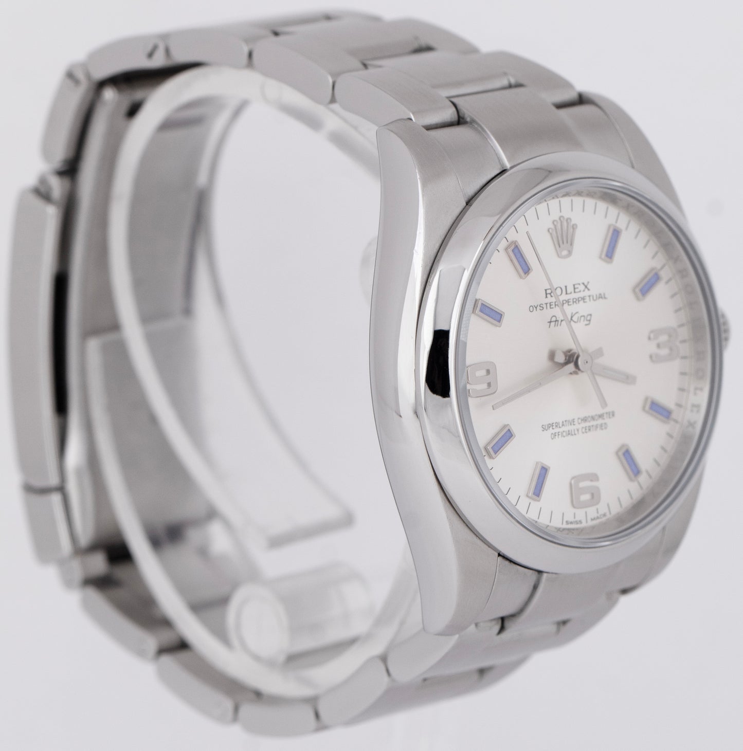 MINT Rolex Oyster Perpetual Air-King Silver Blue Stainless 34mm Watch 114200