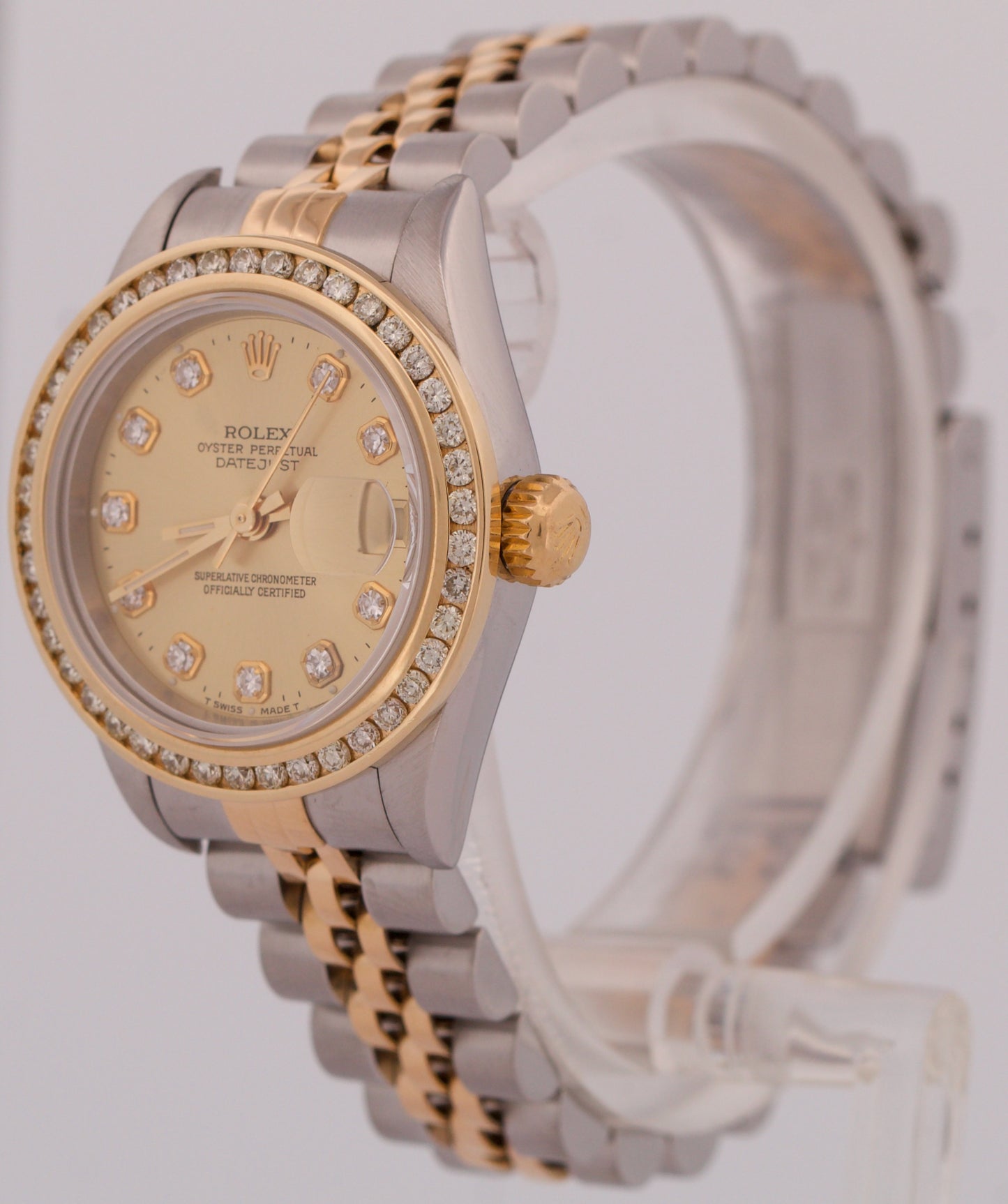 PAPERS Rolex DateJust 26mm CHAMPAGNE DIAMOND 18K Gold Steel NO-HOLES 69173 BOX