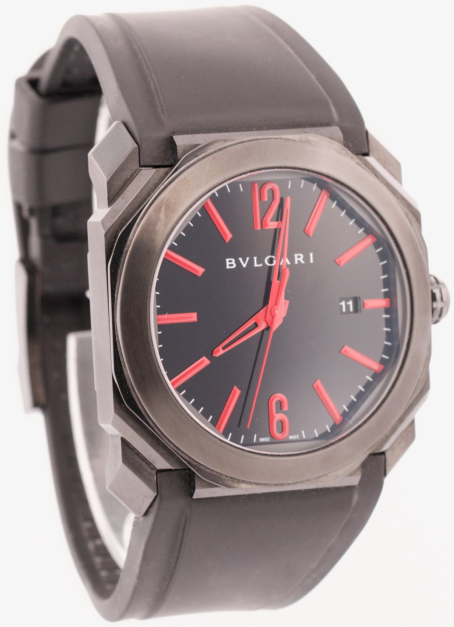 BVLGARI Octo Black Red Stainless Steel 41mm Bulgari Automatic Rubber Date BG041S