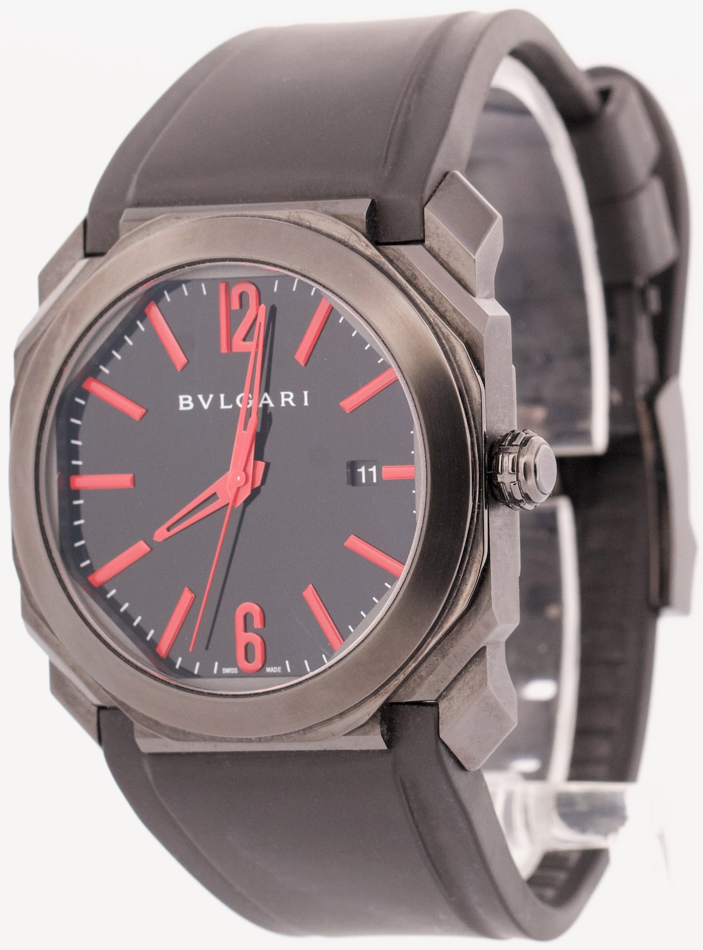 BVLGARI Octo Black Red Stainless Steel 41mm Bulgari Automatic Rubber Date BG041S