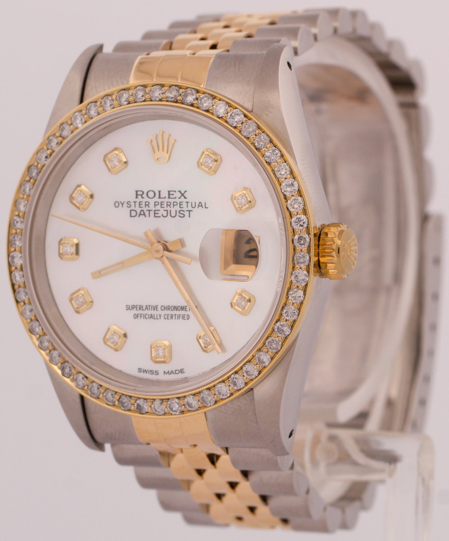 PAPERS Rolex DateJust 36mm MOP DIAMOND 18K Gold Steel JUBILEE Watch 16233 BOX