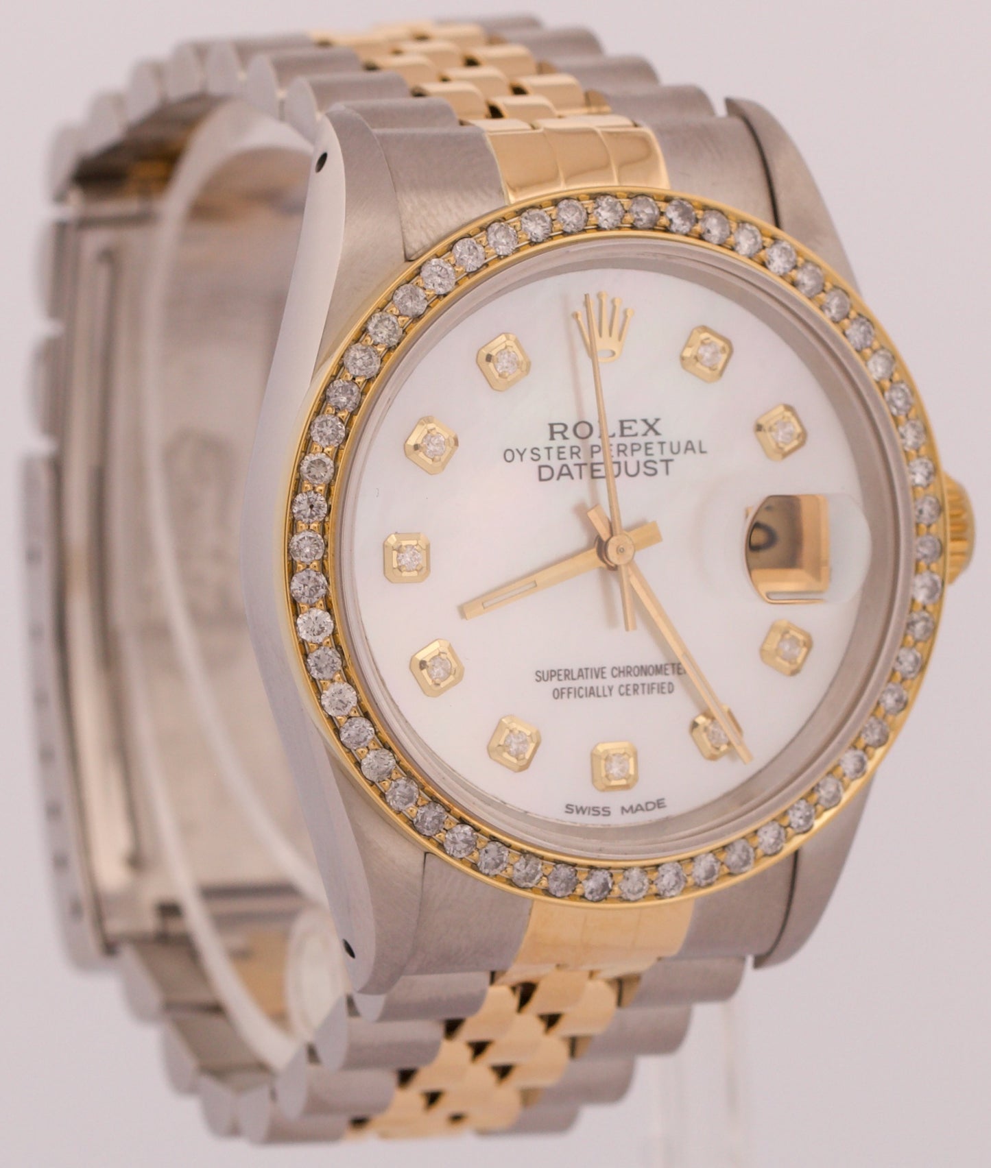 PAPERS Rolex DateJust 36mm MOP DIAMOND 18K Gold Steel JUBILEE Watch 16233 BOX