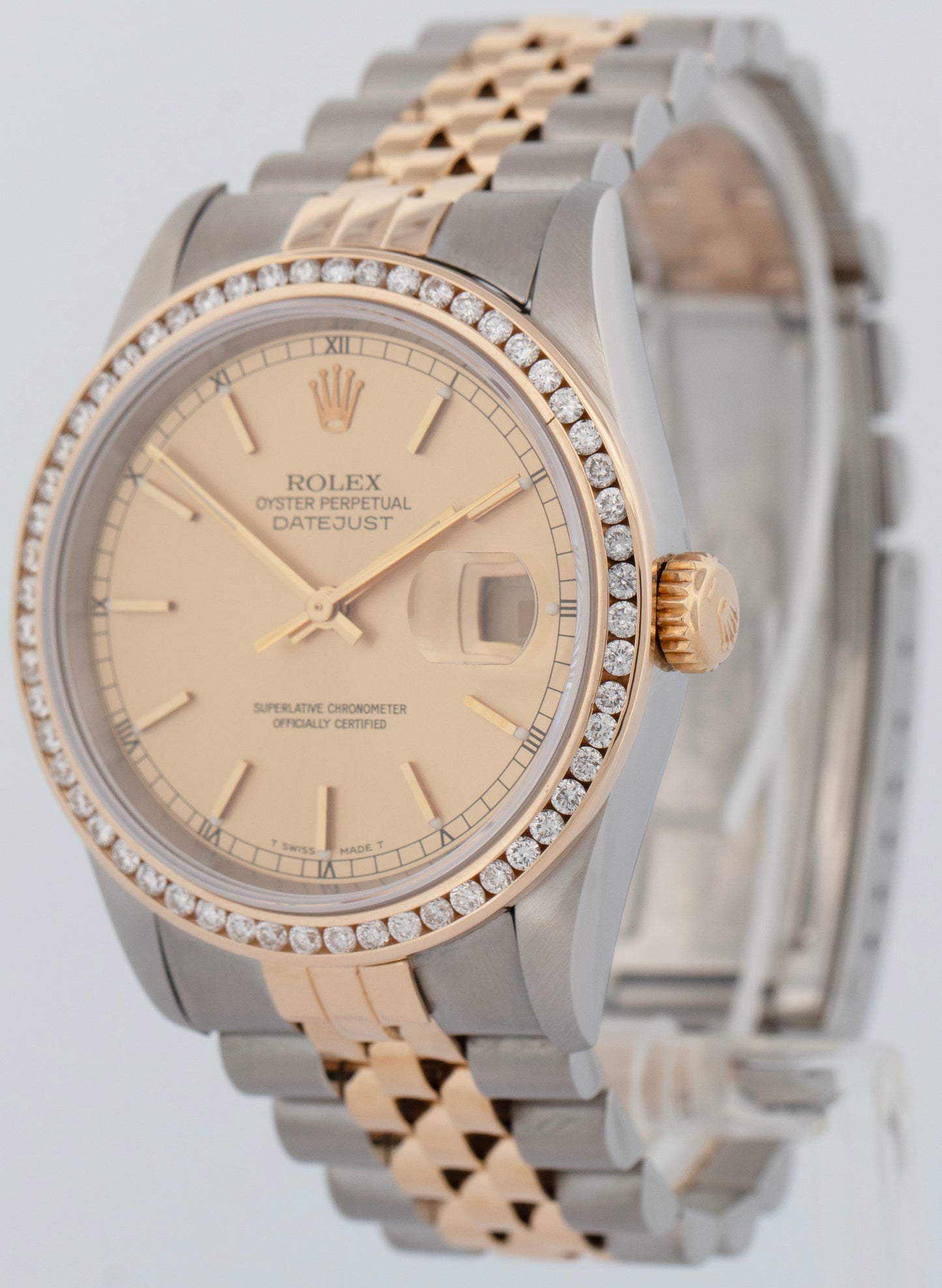 Rolex DateJust 36mm Champagne DIAMOND Bezel 18K Gold JUBILEE Steel Watch 16233