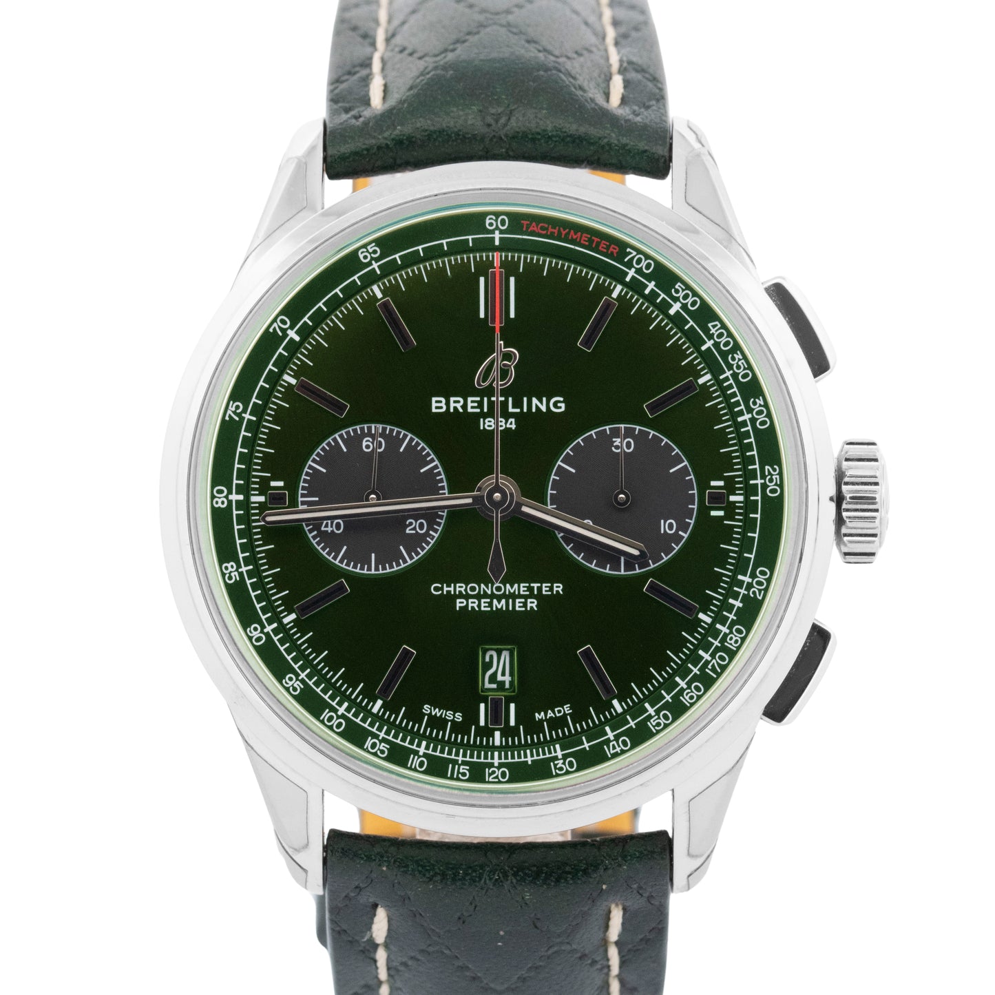 PAPERS Breitling Premier B01 42mm Stainless Steel Green Date Watch AB0118 BOX