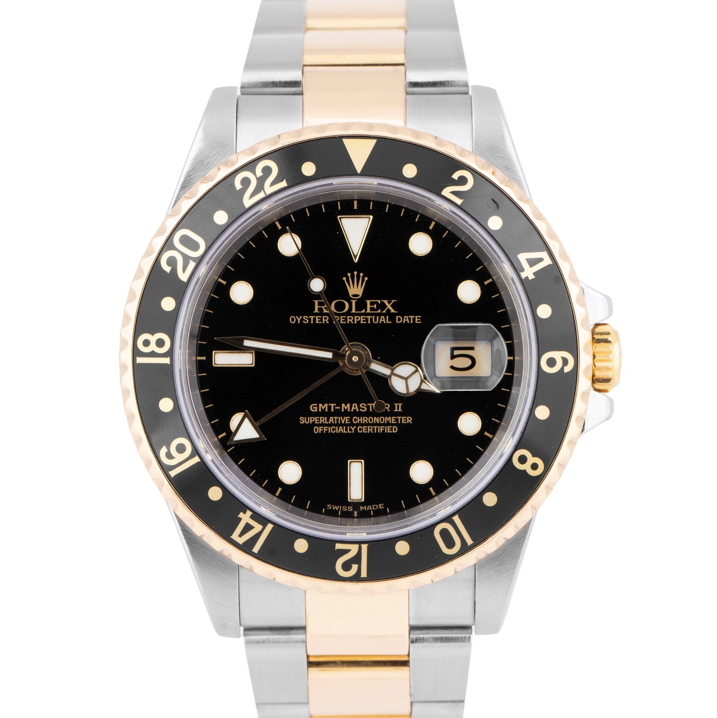 PAPERS Rolex GMT-Master II Two-Tone 18K Yellow Gold Black Steel 40mm 16713 B+P