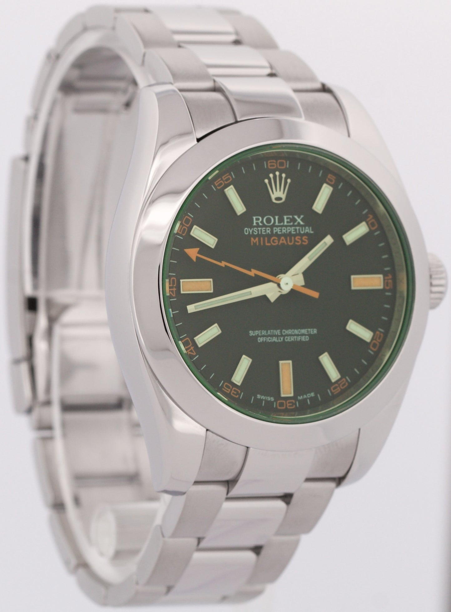 MINT Rolex Milgauss BLACK Green Orange Stainless Steel 40mm 116400 GV Watch