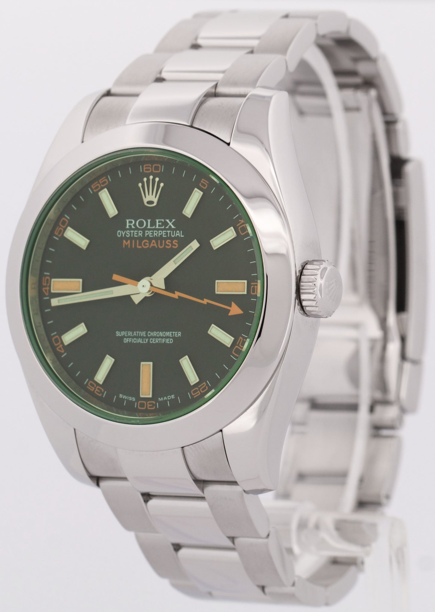 MINT Rolex Milgauss BLACK Green Orange Stainless Steel 40mm 116400 GV Watch