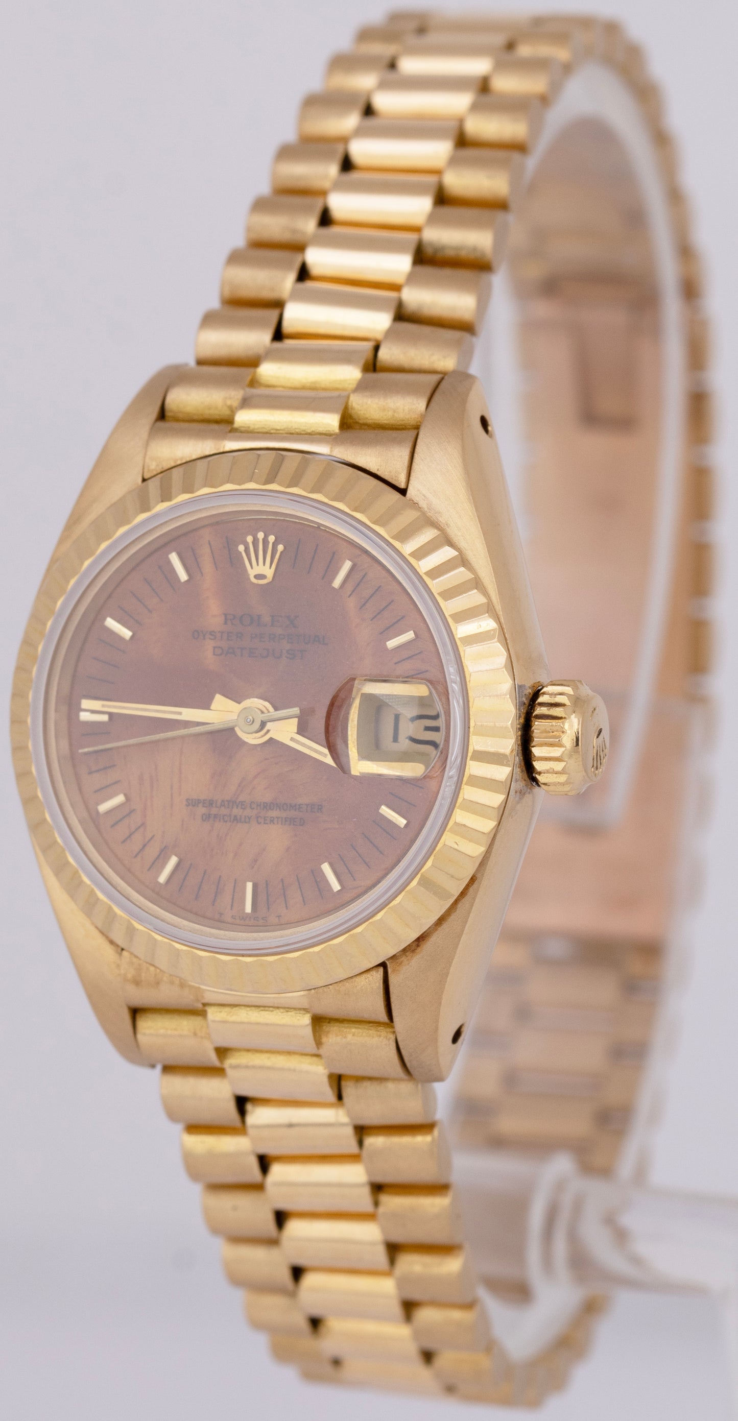 Ladies Rolex DateJust President 26mm Burl Wood Dial 18K Yellow Gold Watch 69178