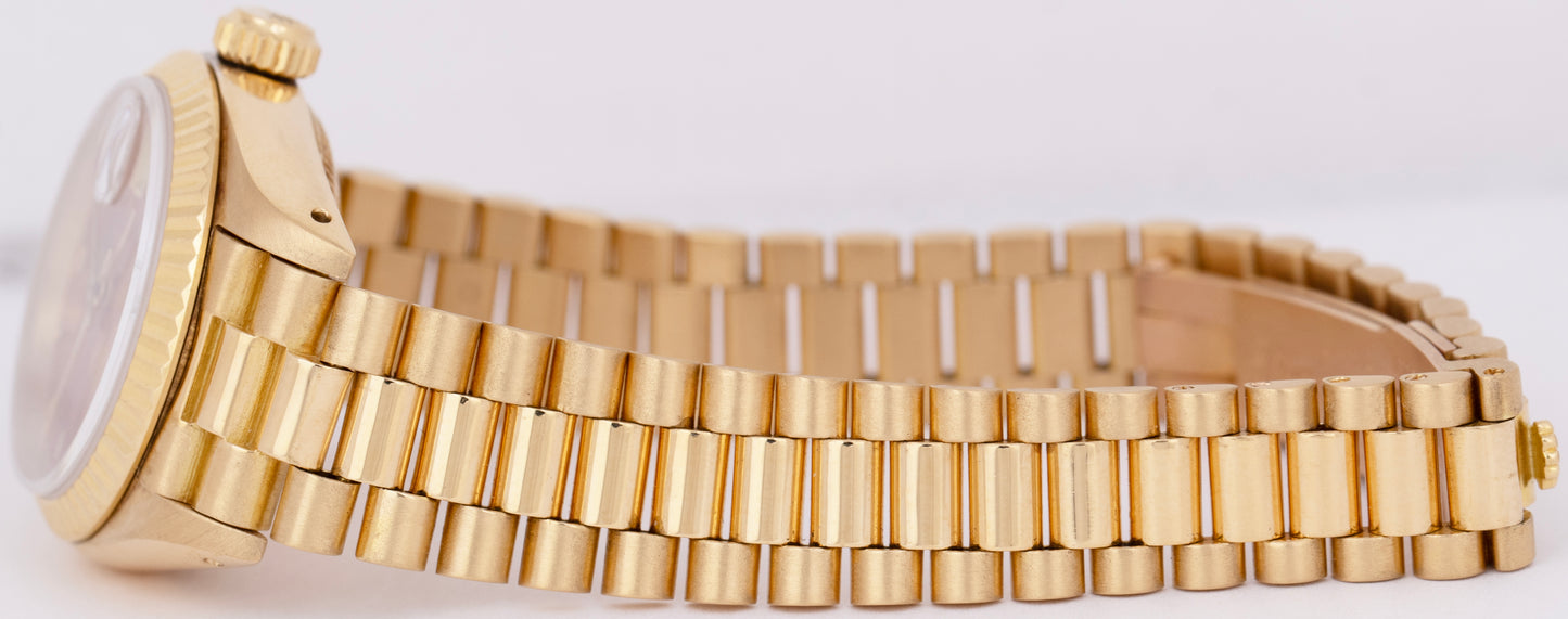 Ladies Rolex DateJust President 26mm Burl Wood Dial 18K Yellow Gold Watch 69178