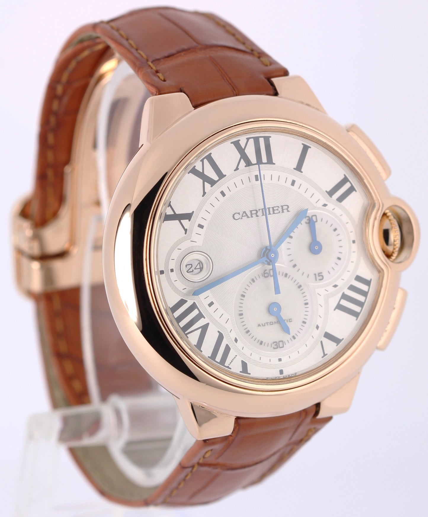 Cartier Ballon Bleu XL Chrono Date 18k Rose Gold Silver 44mm 3107 Leather Watch