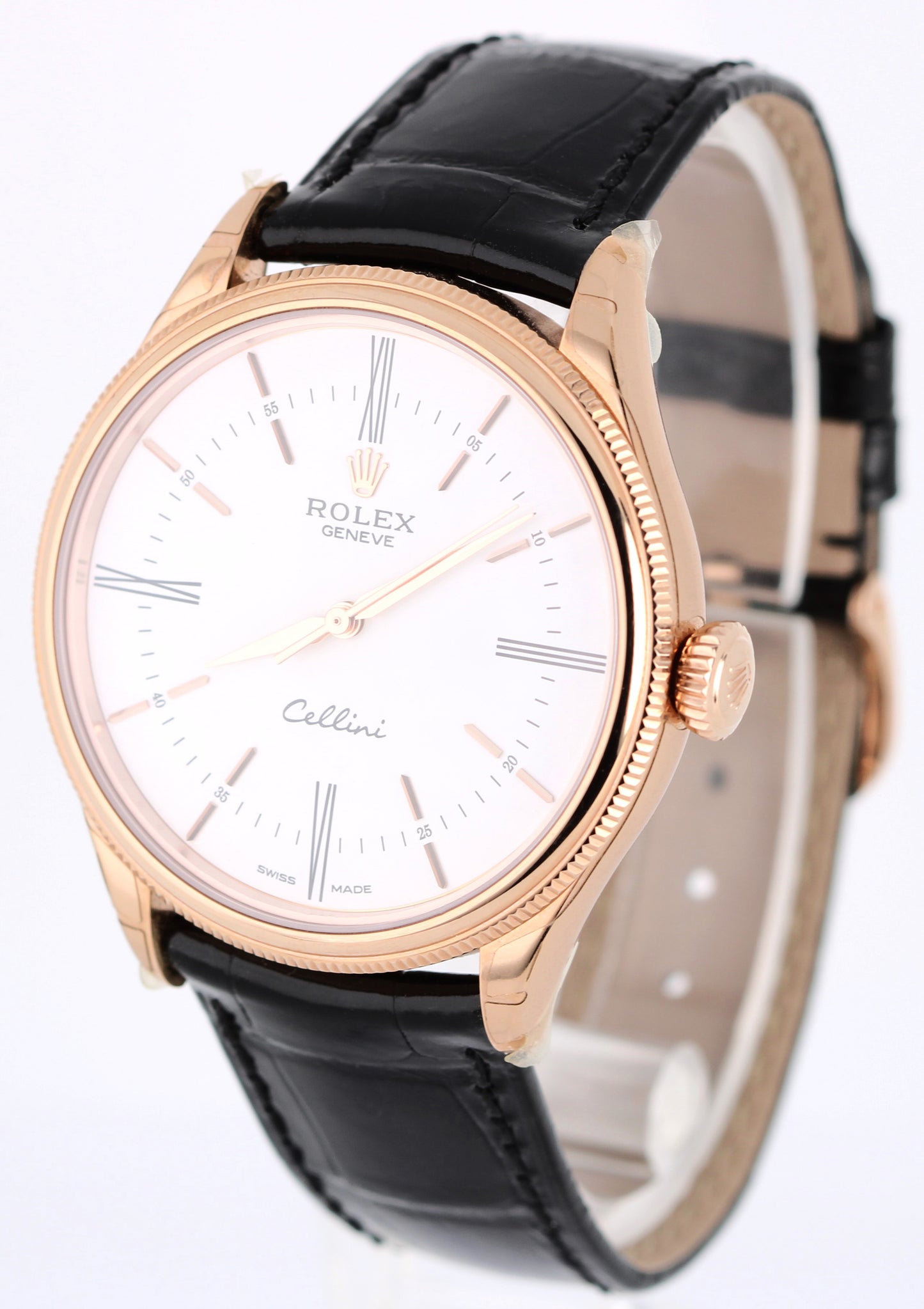 NOS STICKERED Rolex Cellini PAPERS 18k Rose Gold White 39mm 50505 Watch BOX