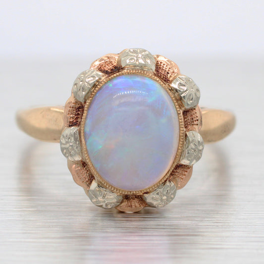 Antique Art Deco 3.20ct Crystal Opal Cocktail Ring | 14k Yellow Gold, Tri-Color Accents