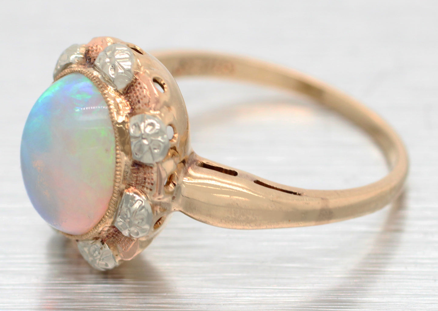 Antique Art Deco 3.20ct Crystal Opal Cocktail Ring | 14k Yellow Gold, Tri-Color Accents